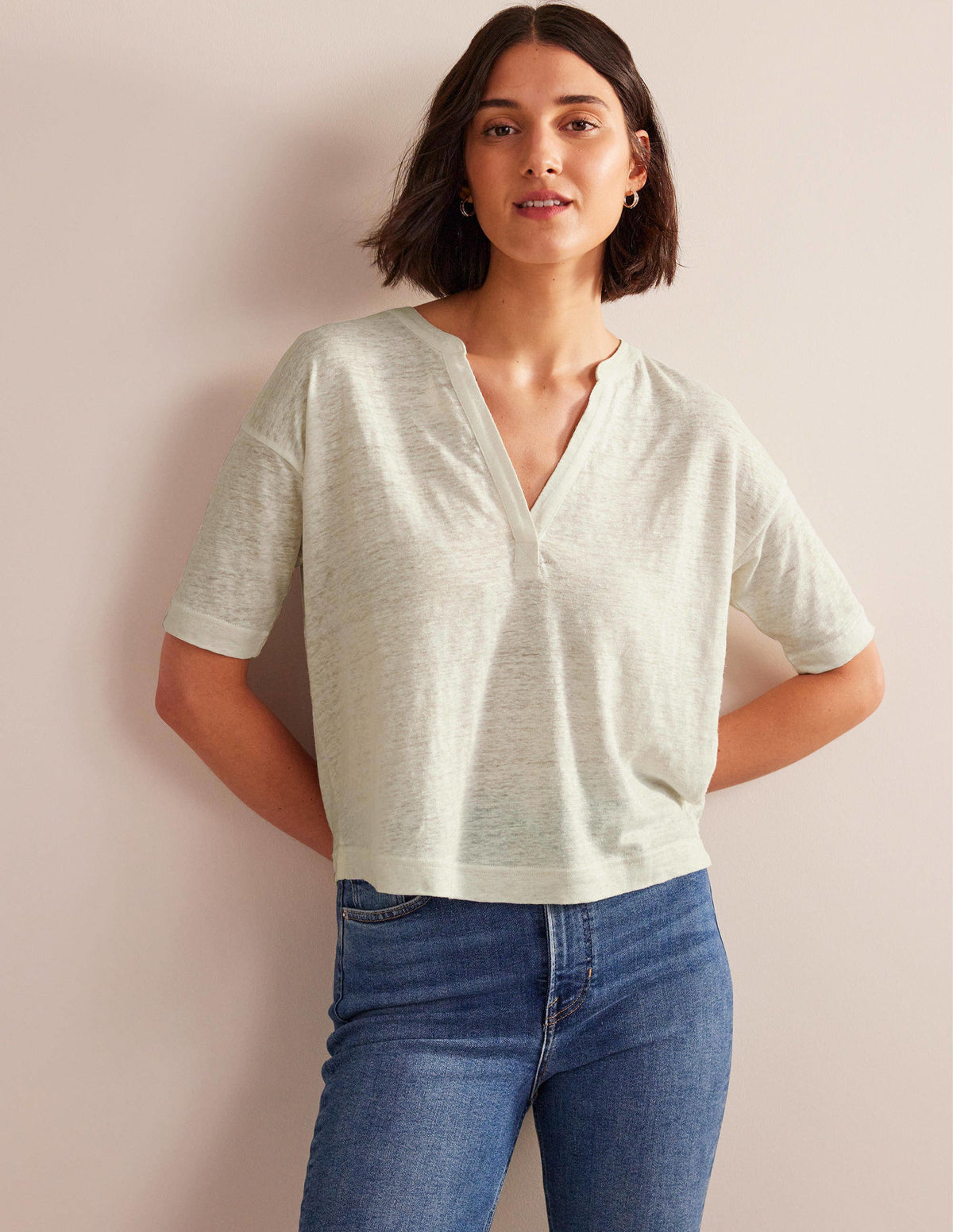 Notch Neck Linen Henley Top-Ivory-1