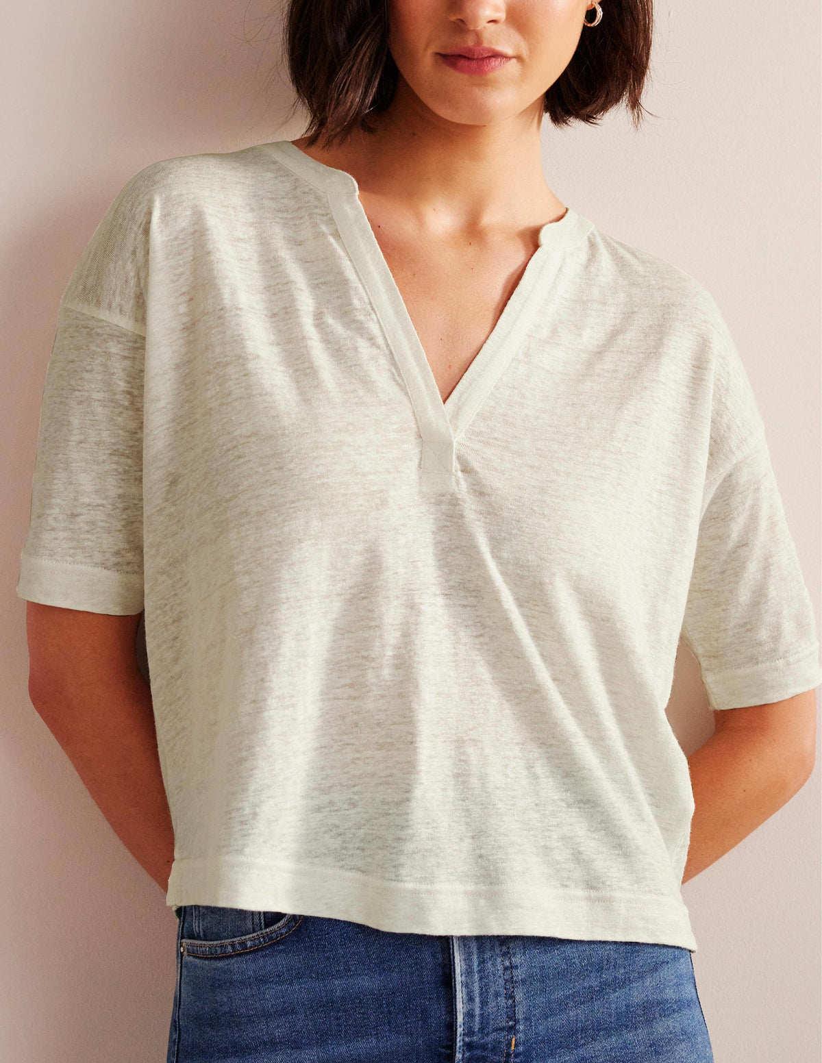 Notch Neck Linen Henley Top-Ivory - Image 4