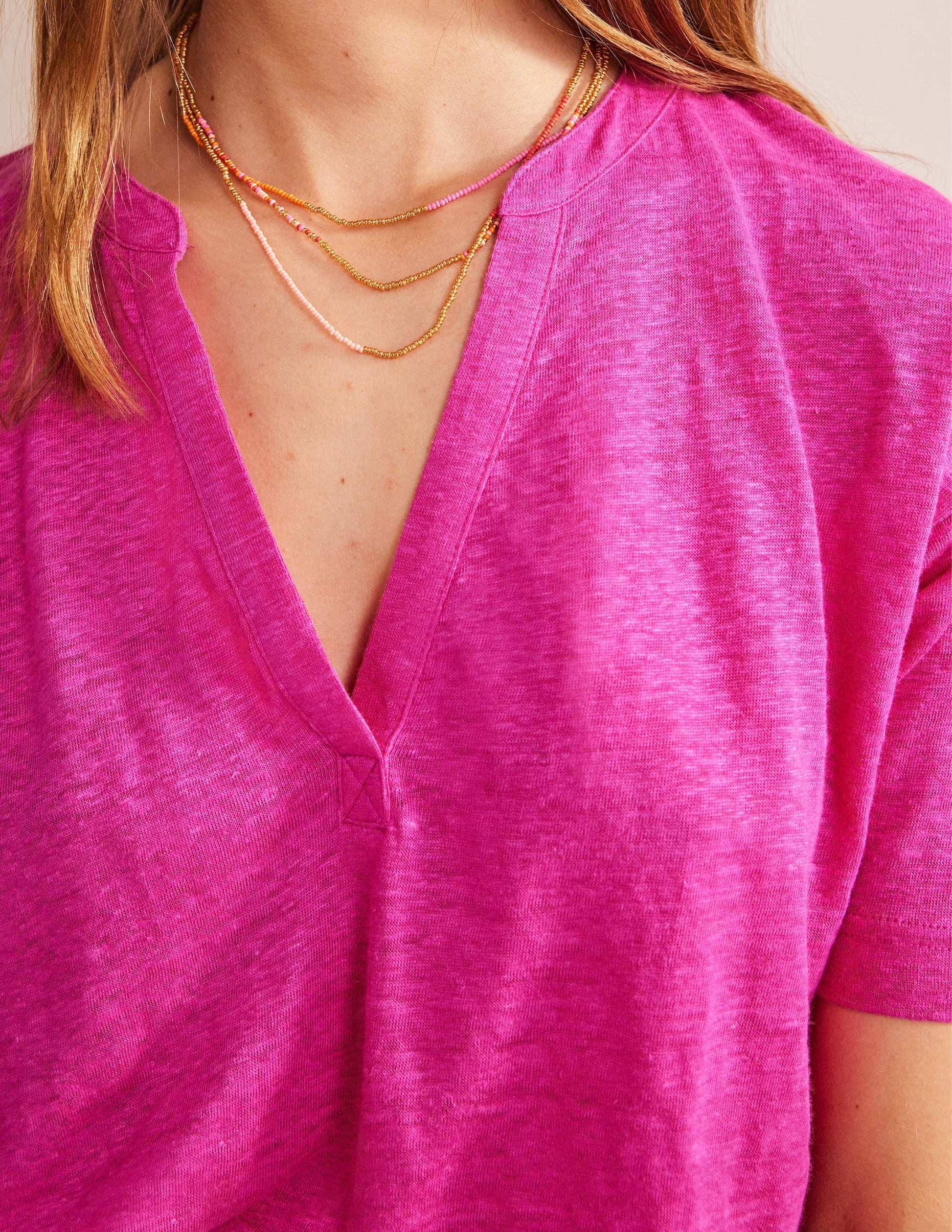 Notch Neck Linen Henley Top-Phlox Pink-2