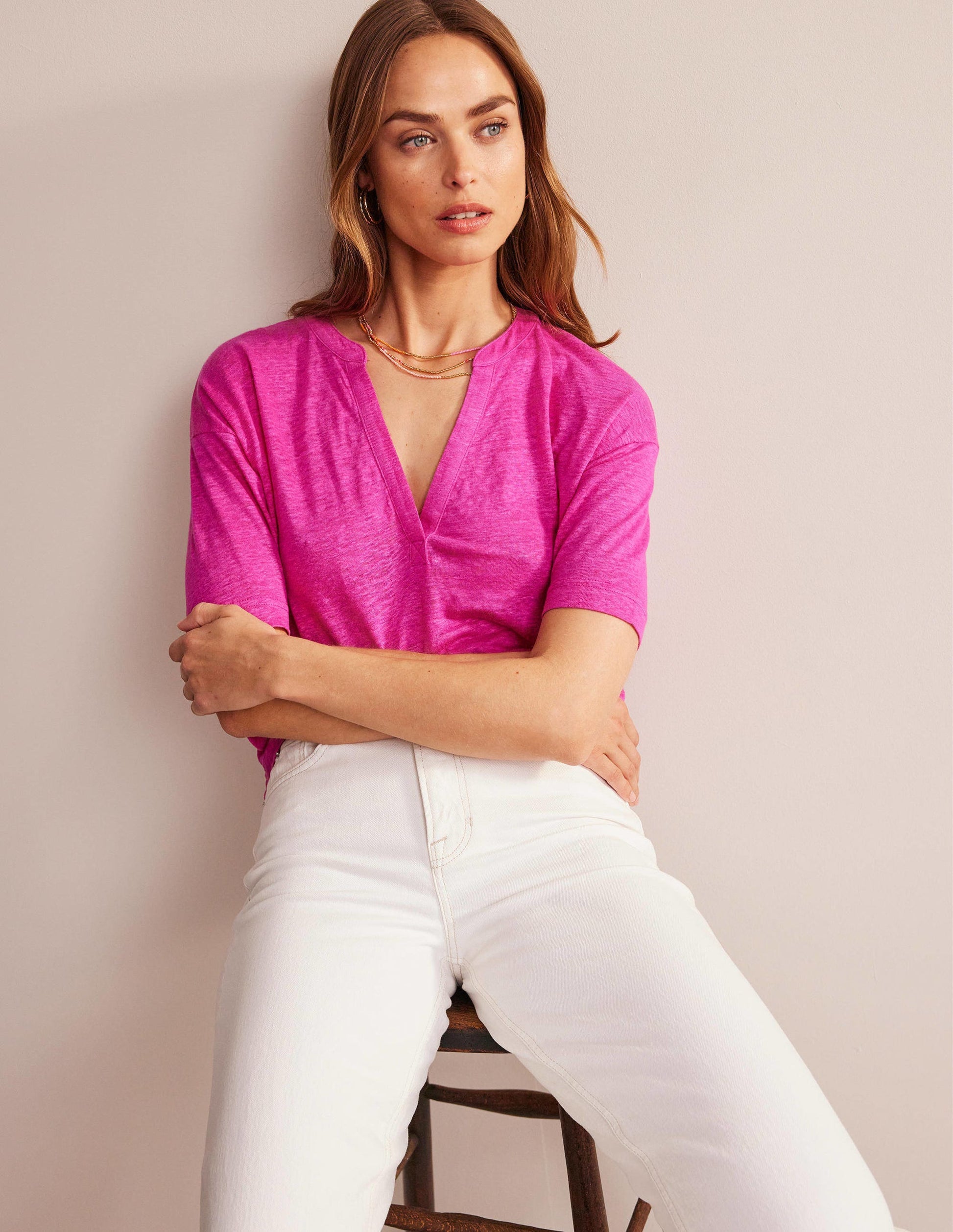 Notch Neck Linen Henley Top-Phlox Pink-4