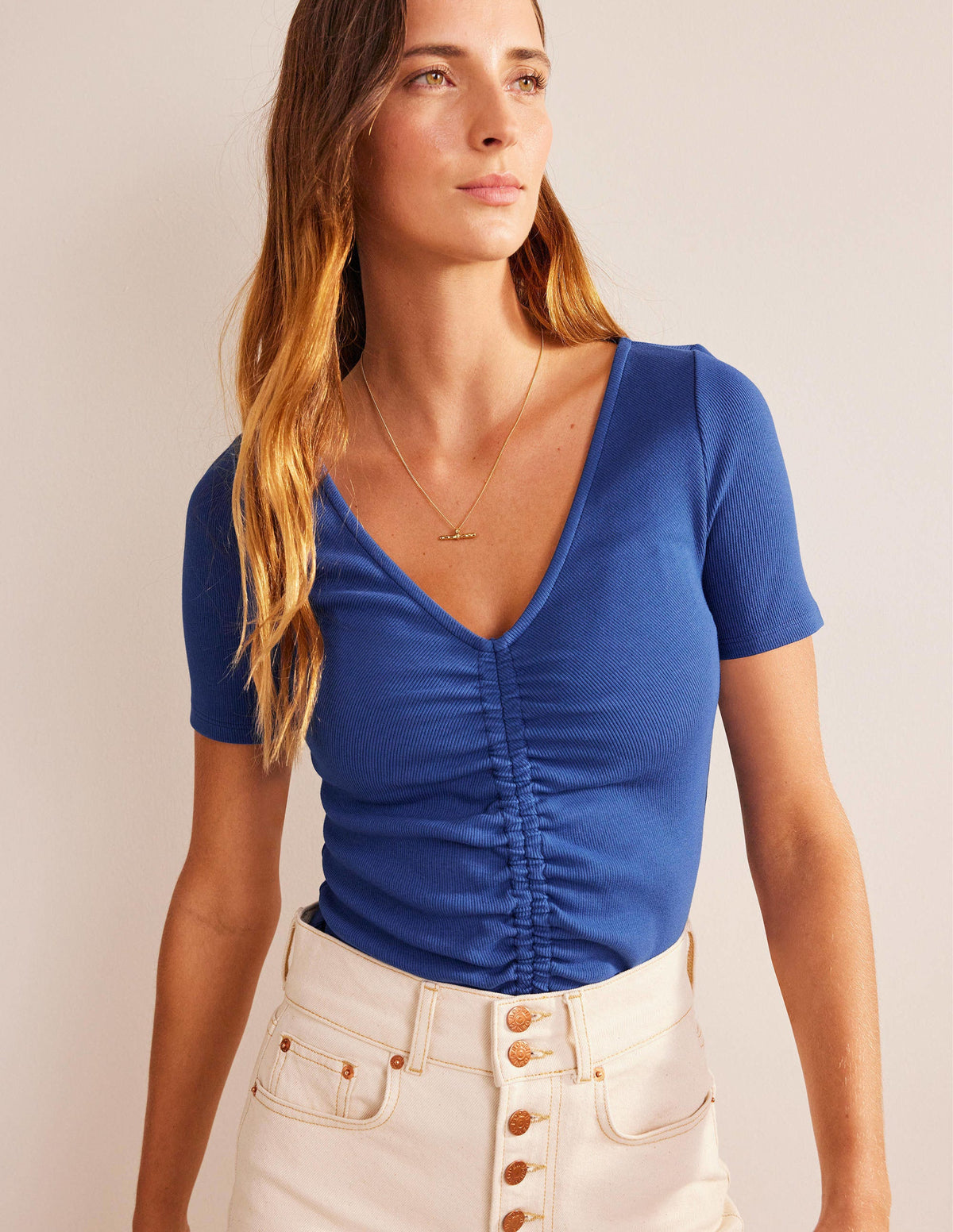 Ruched Front Rib T-shirt-Sapphire - Image 1