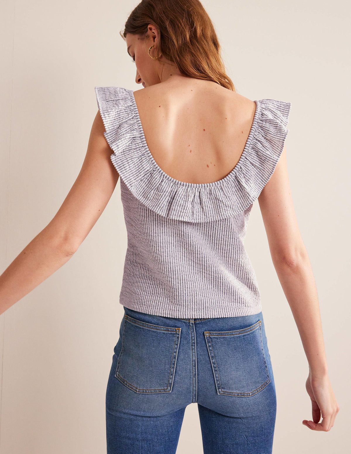 Seersucker Frill Stripe Top-Navy/White Stripe-3