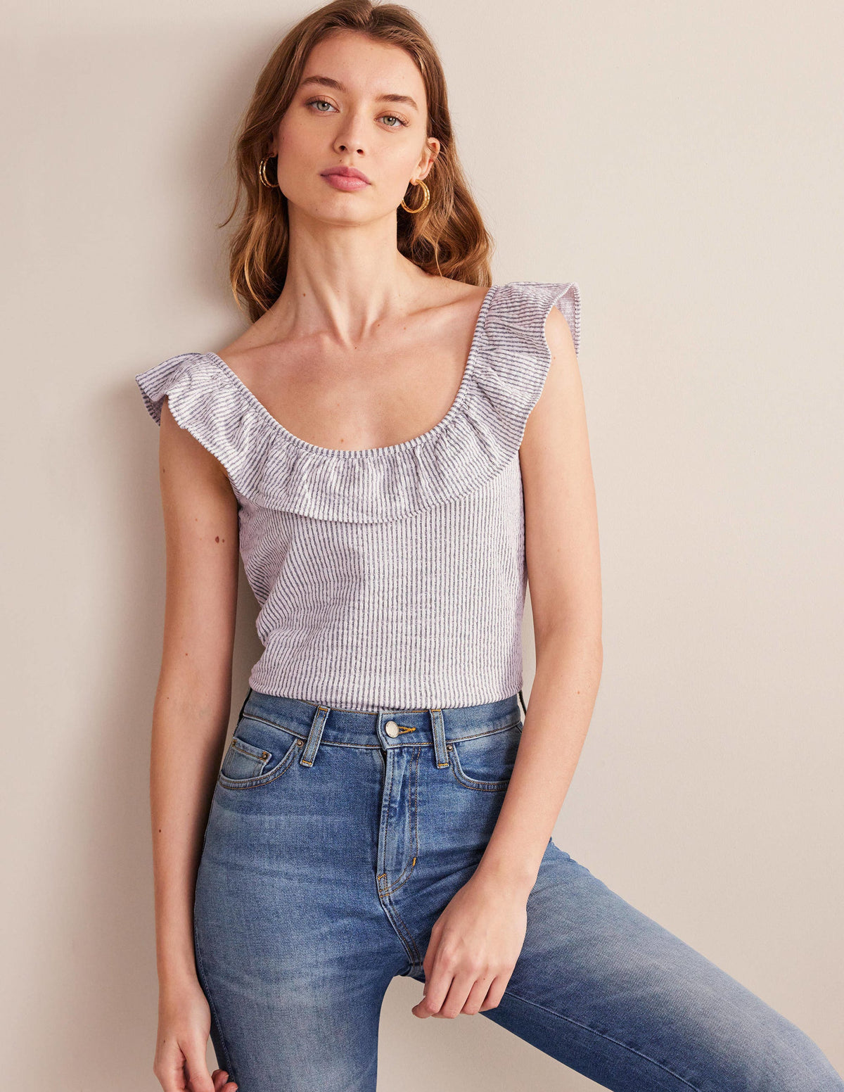 Seersucker Frill Stripe Top-Navy/White Stripe - Image 4