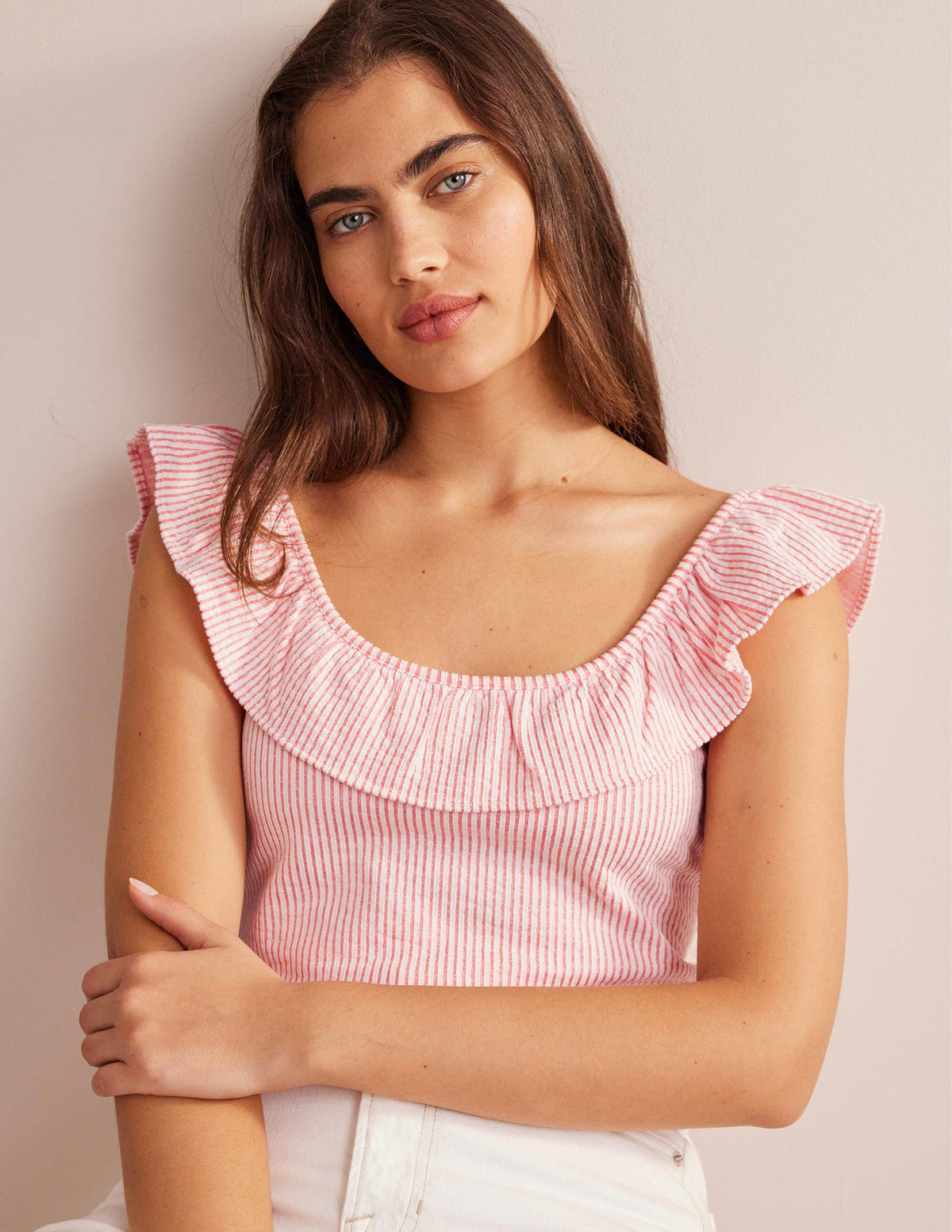 Seersucker Frill Stripe Top-Vermillion/White Stripe-1