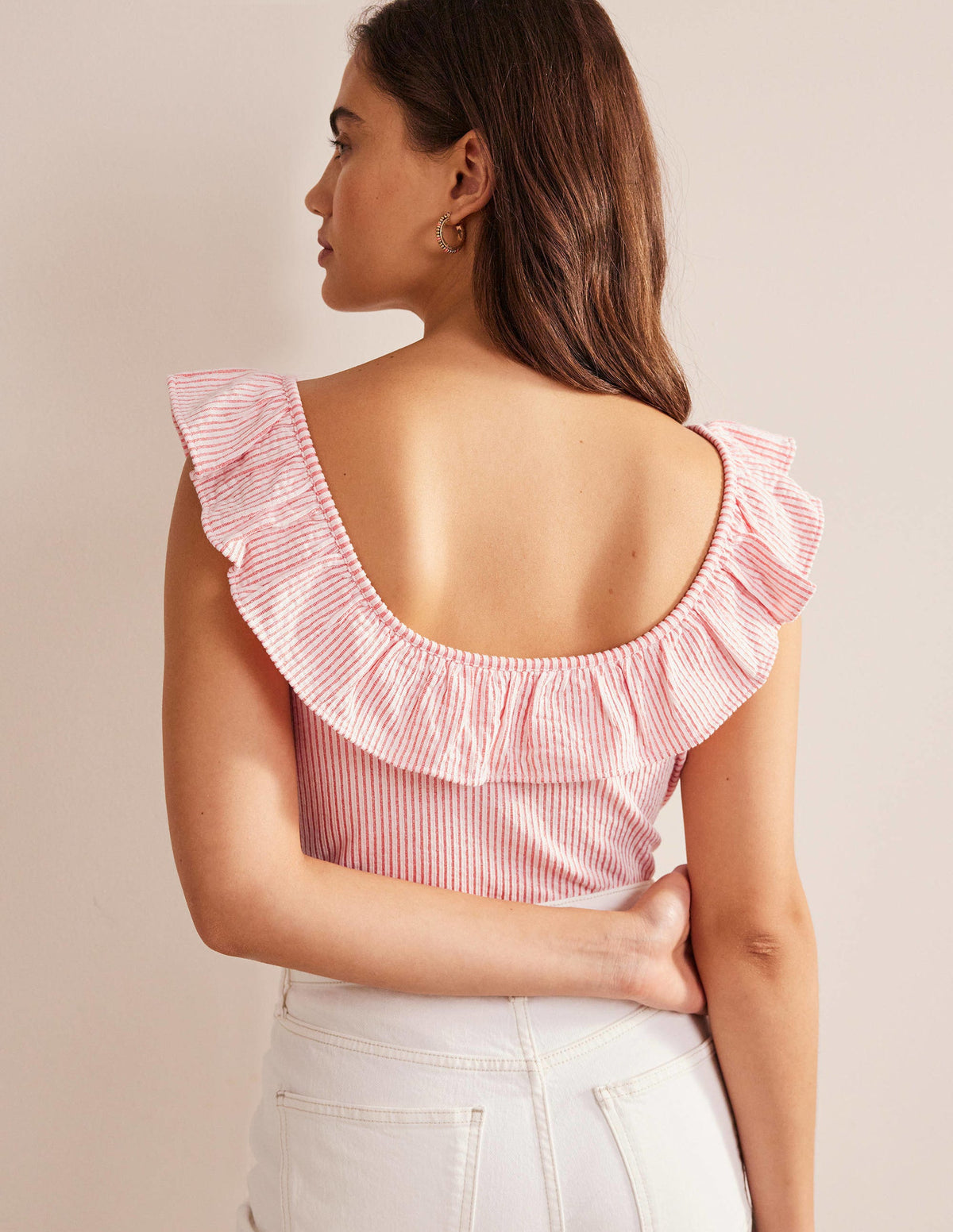 Seersucker Frill Stripe Top-Vermillion/White Stripe - Image 3