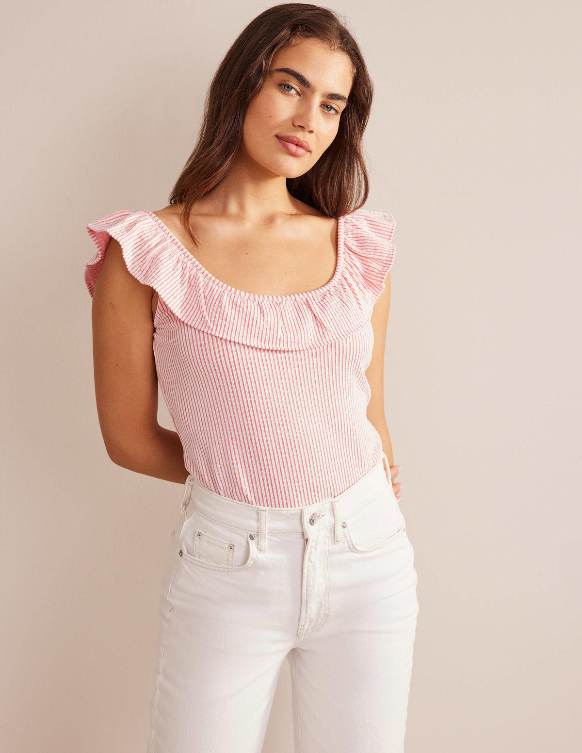 Seersucker Frill Stripe Top-Vermillion/White Stripe - Image 4