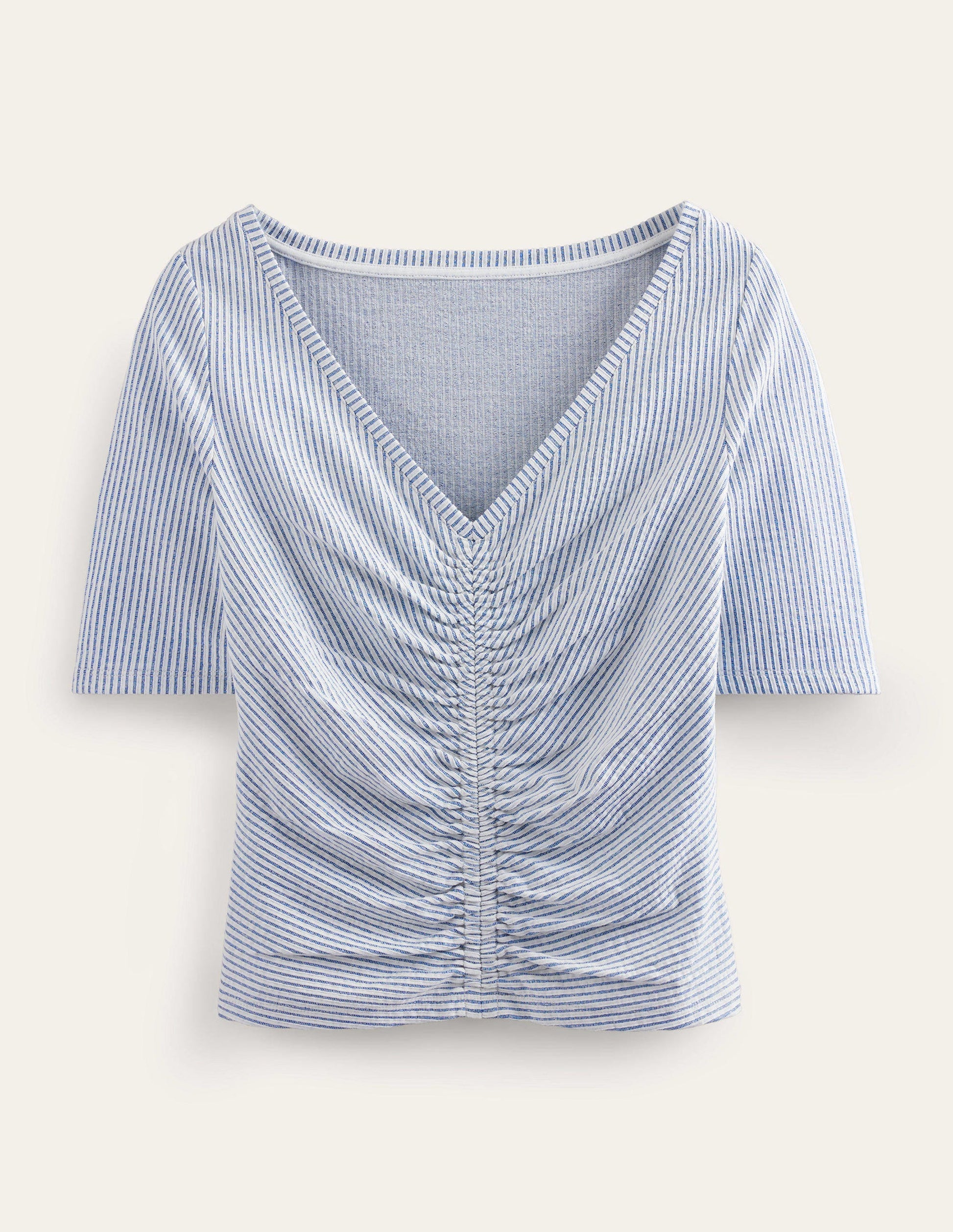Seersucker Ruched Front Top-Navy/White Stripe-5