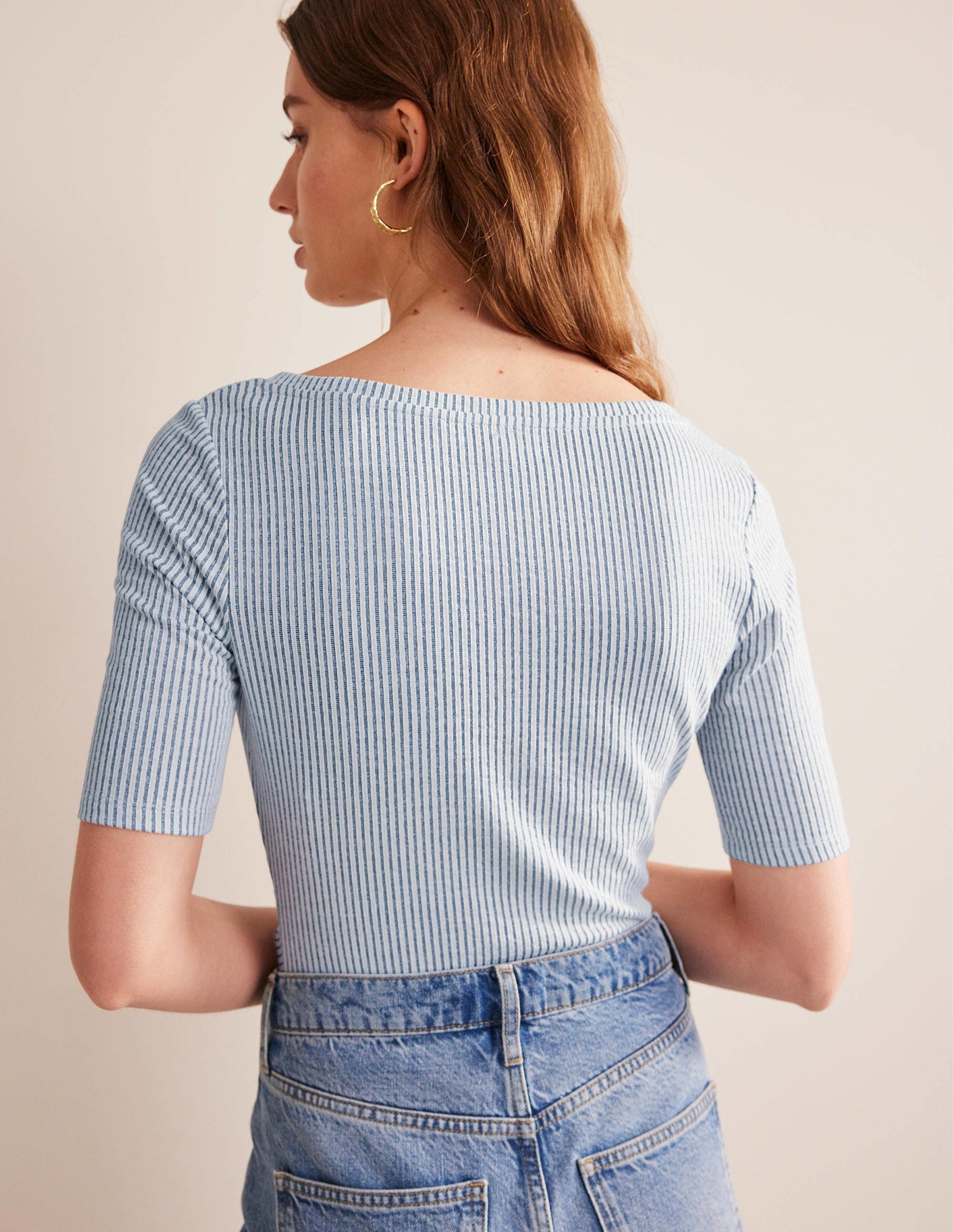 Seersucker Ruched Front Top-Navy/White Stripe-3