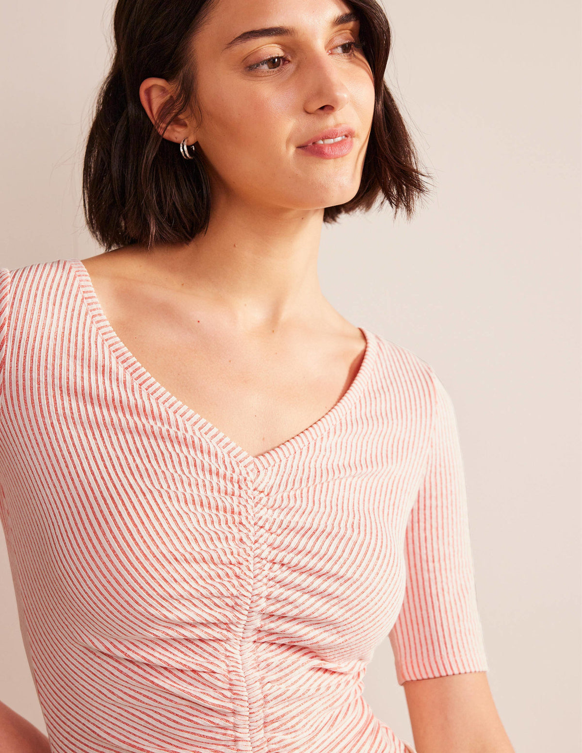 Seersucker Ruched Front Top-Vermillion/White Stripe-2