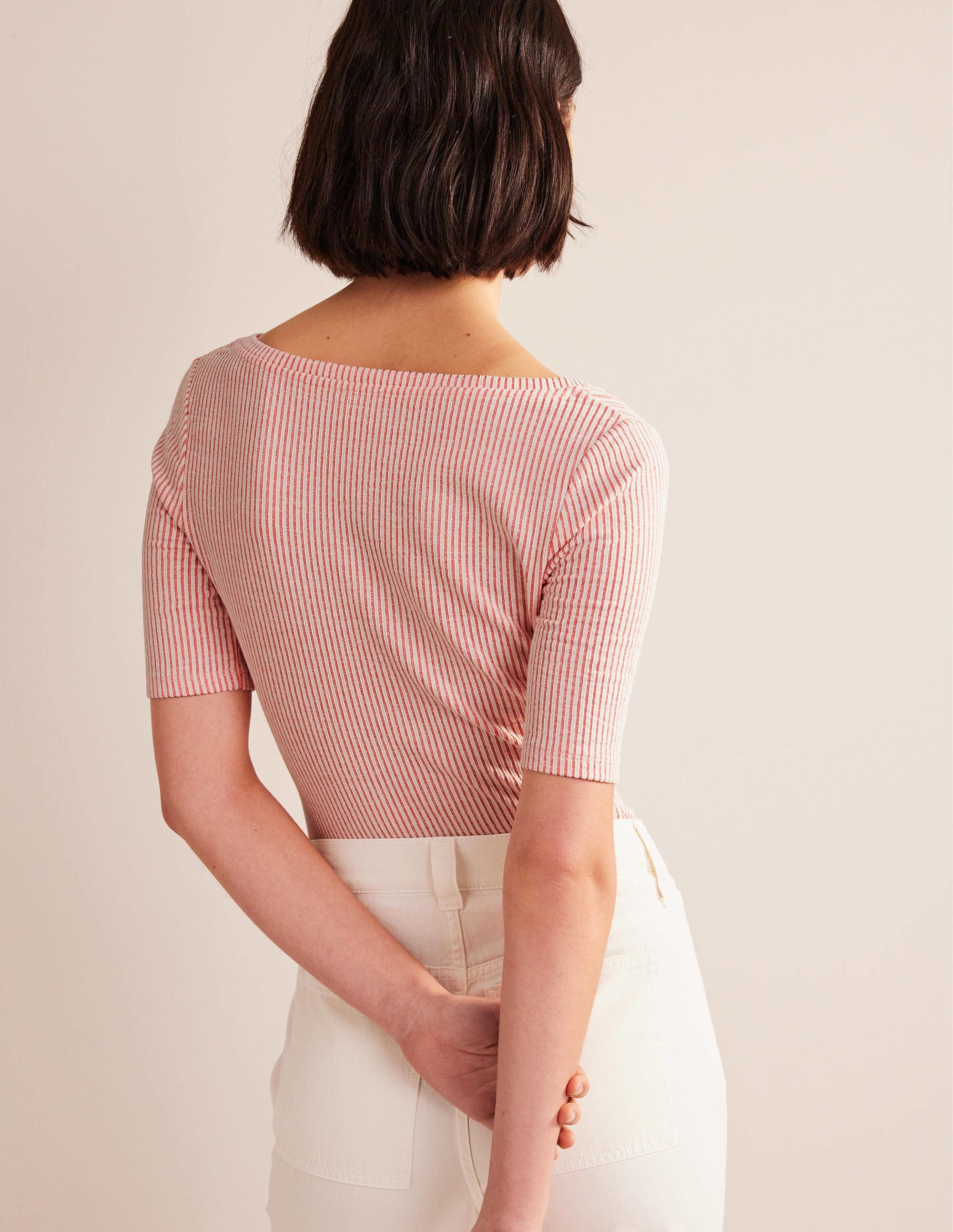 Seersucker Ruched Front Top-Vermillion/White Stripe - Image 3