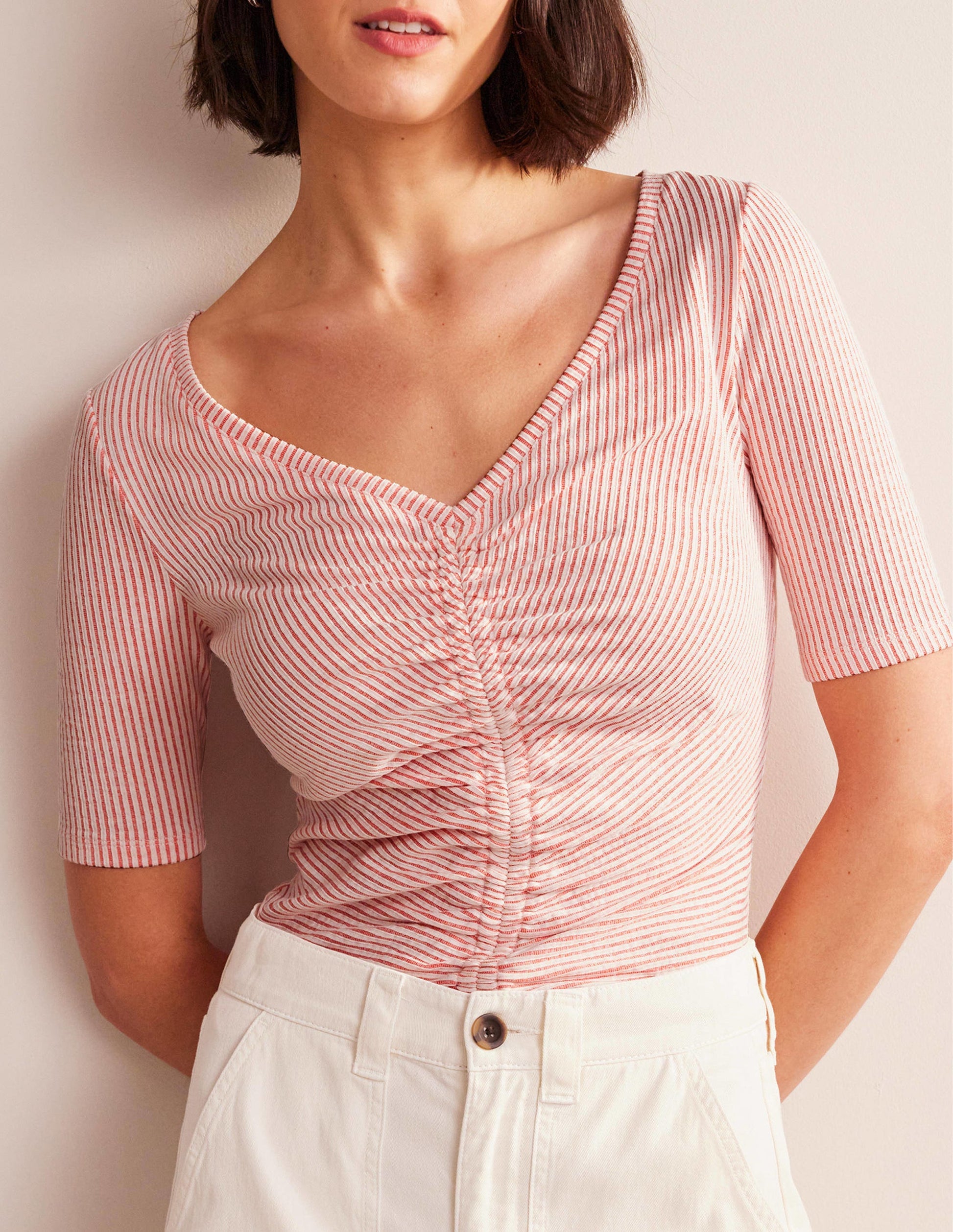 Seersucker Ruched Front Top-Vermillion/White Stripe-4