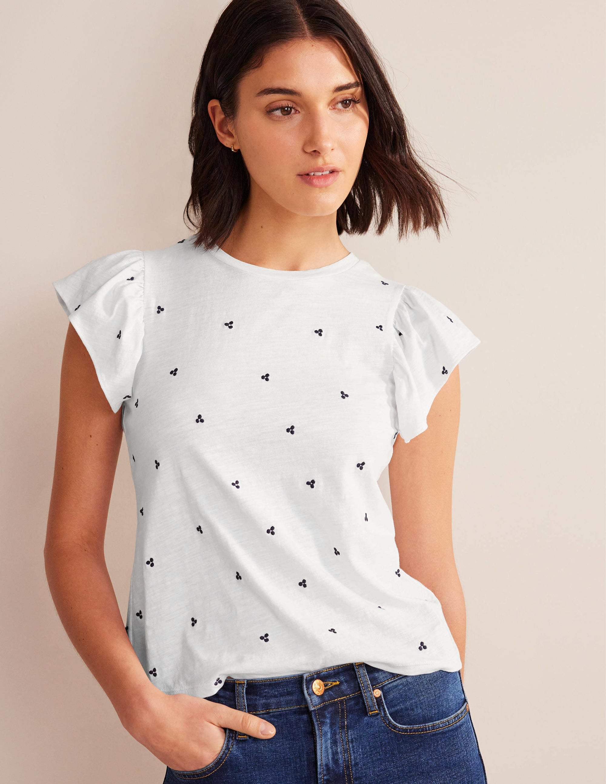 Embroidered Flutter Top-White, Blue Embroidery - Image 1