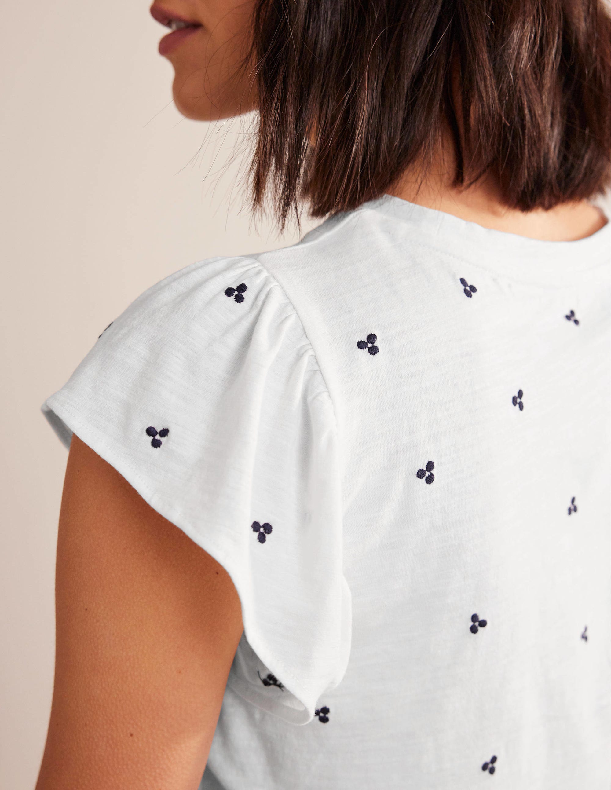 Embroidered Flutter Top-White, Blue Embroidery - Image 2