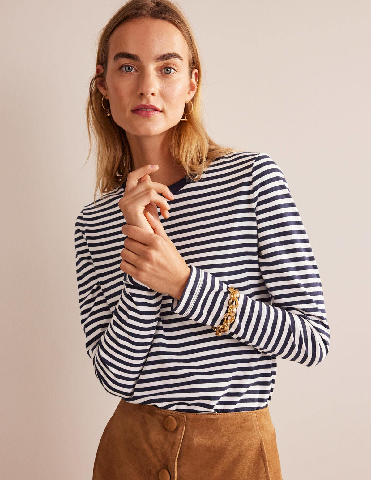 Pure Cotton Long Sleeve Top-Ivory, Navy - Image 1