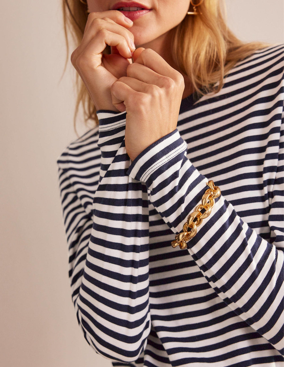 Pure Cotton Long Sleeve Top-Ivory, Navy - Image 2
