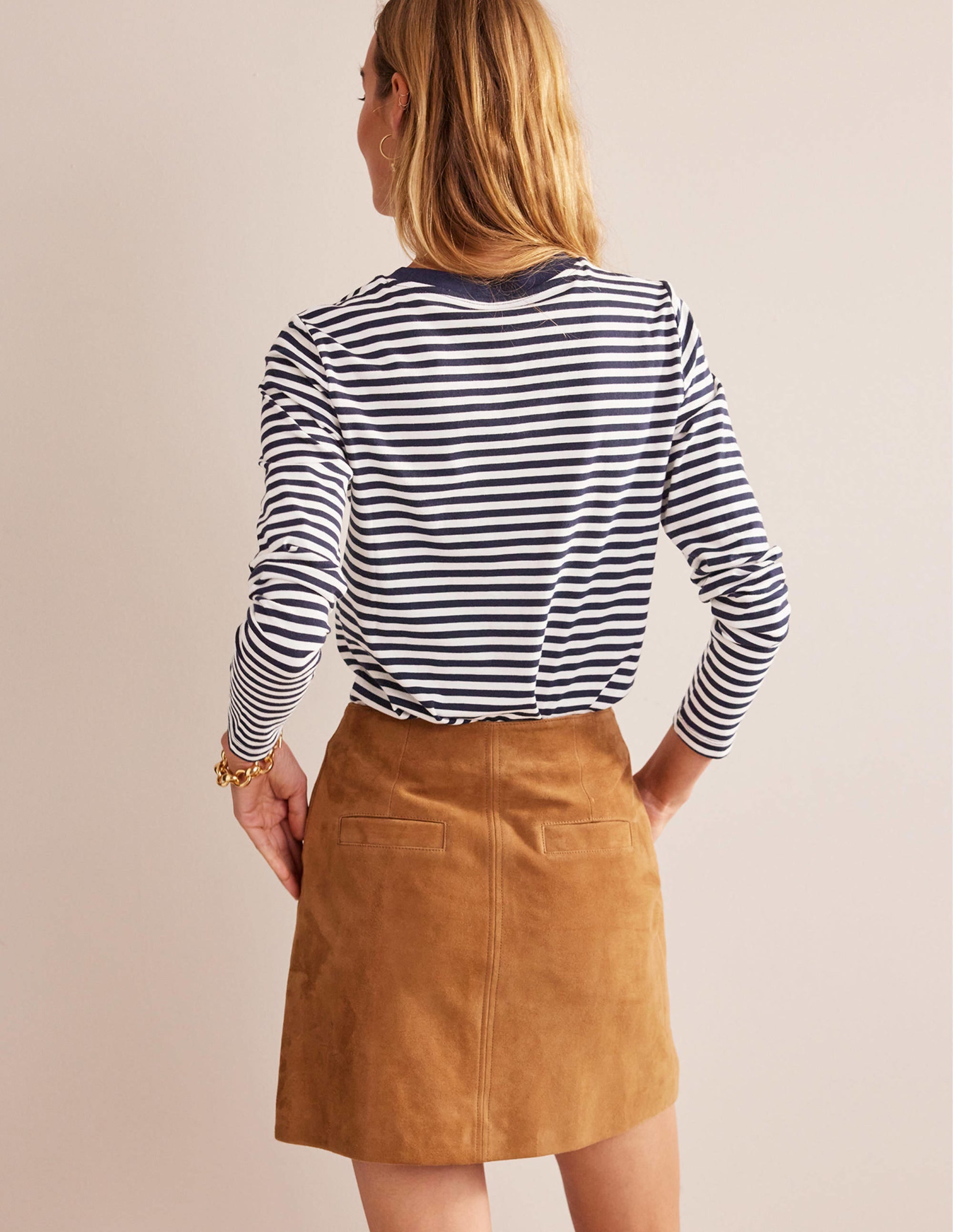Pure Cotton Long Sleeve Top-Ivory, Navy - Image 3