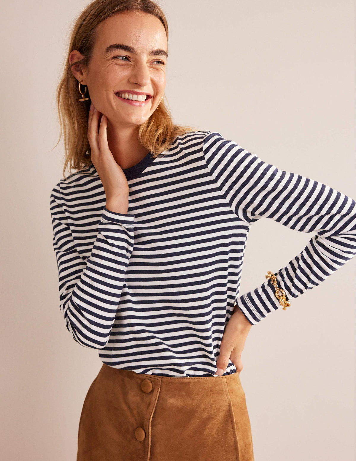 Pure Cotton Long Sleeve Top-Ivory, Navy - Image 4