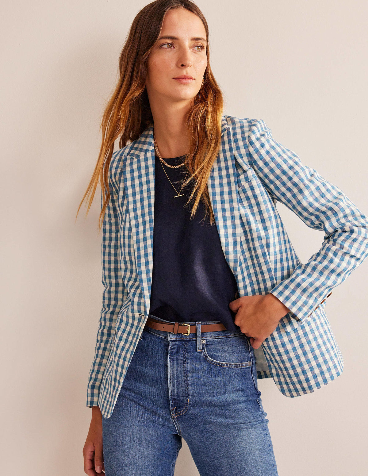 The Cambridge Linen Blazer-Blue and White Gingham - Image 4