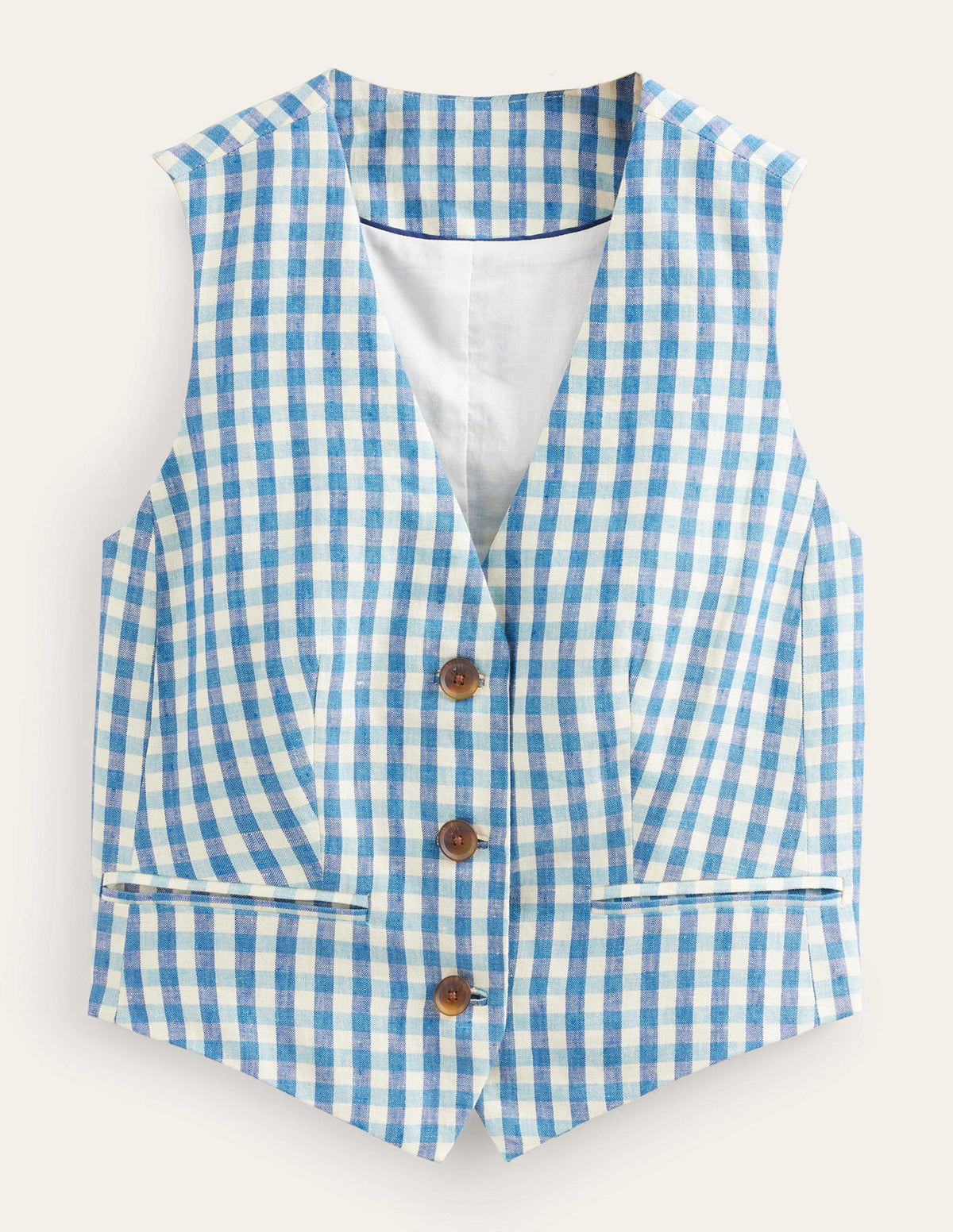 Linen V-Neck Waistcoat-Blue and White Gingham-7