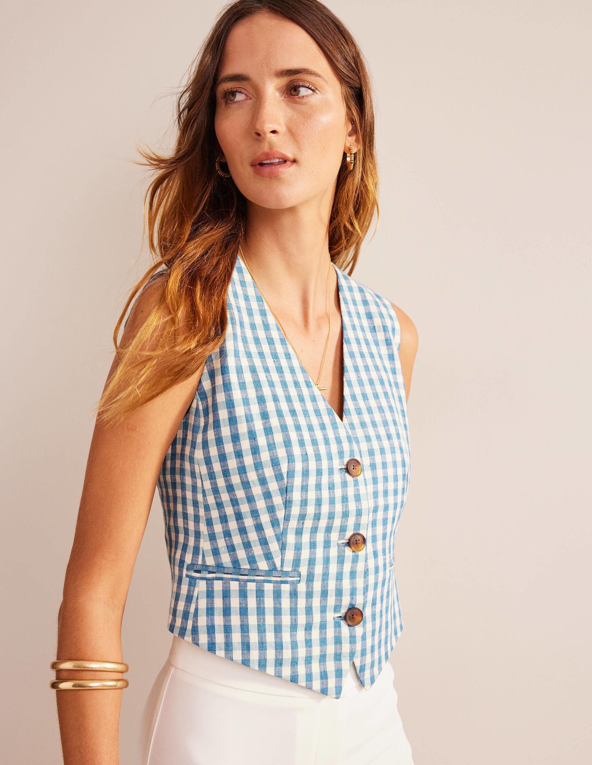 Linen V-Neck Waistcoat-Blue and White Gingham - Image 1