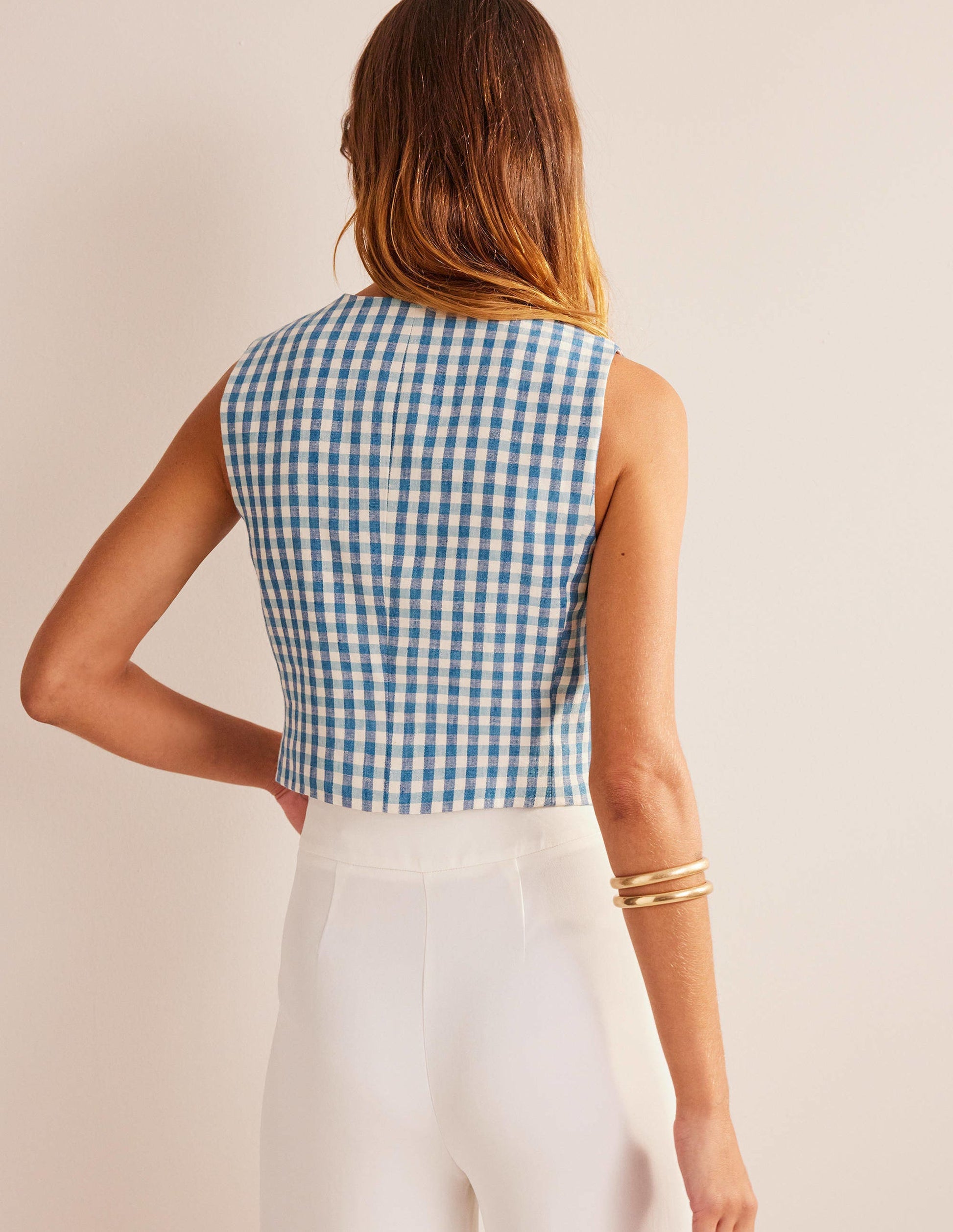Linen V-Neck Waistcoat-Blue and White Gingham-3