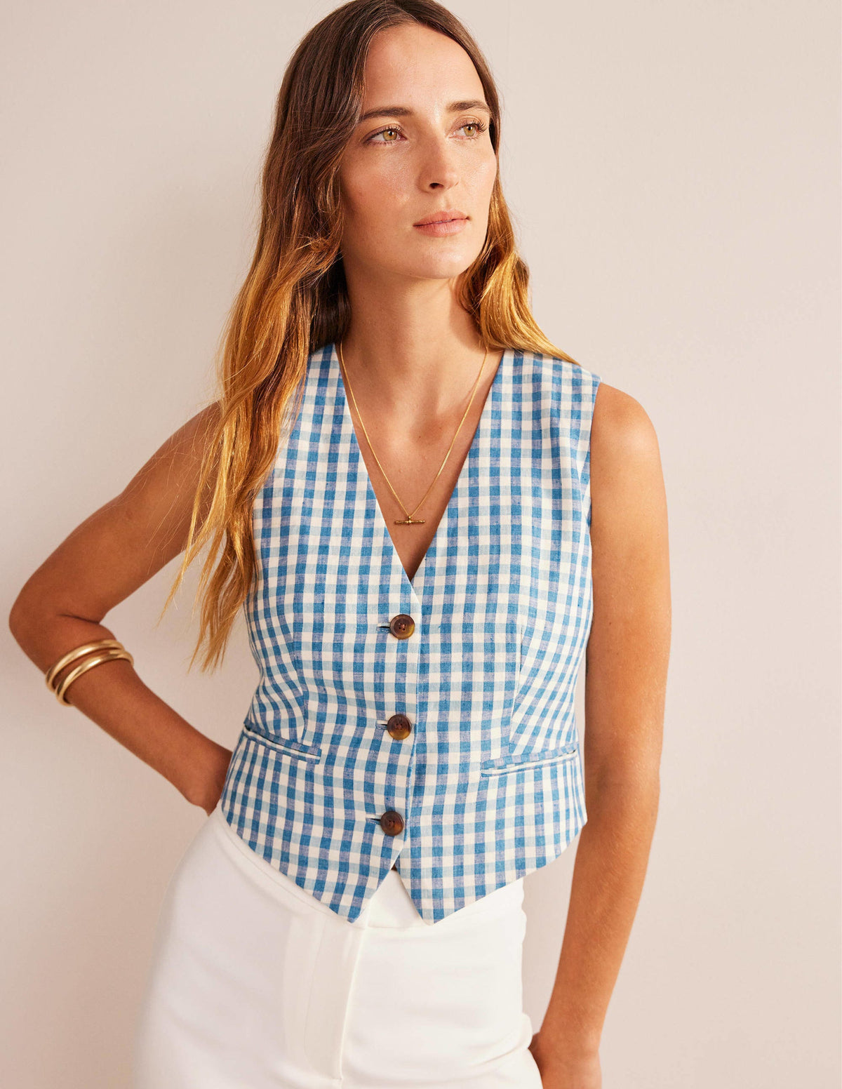 Linen V-Neck Waistcoat-Blue and White Gingham-4