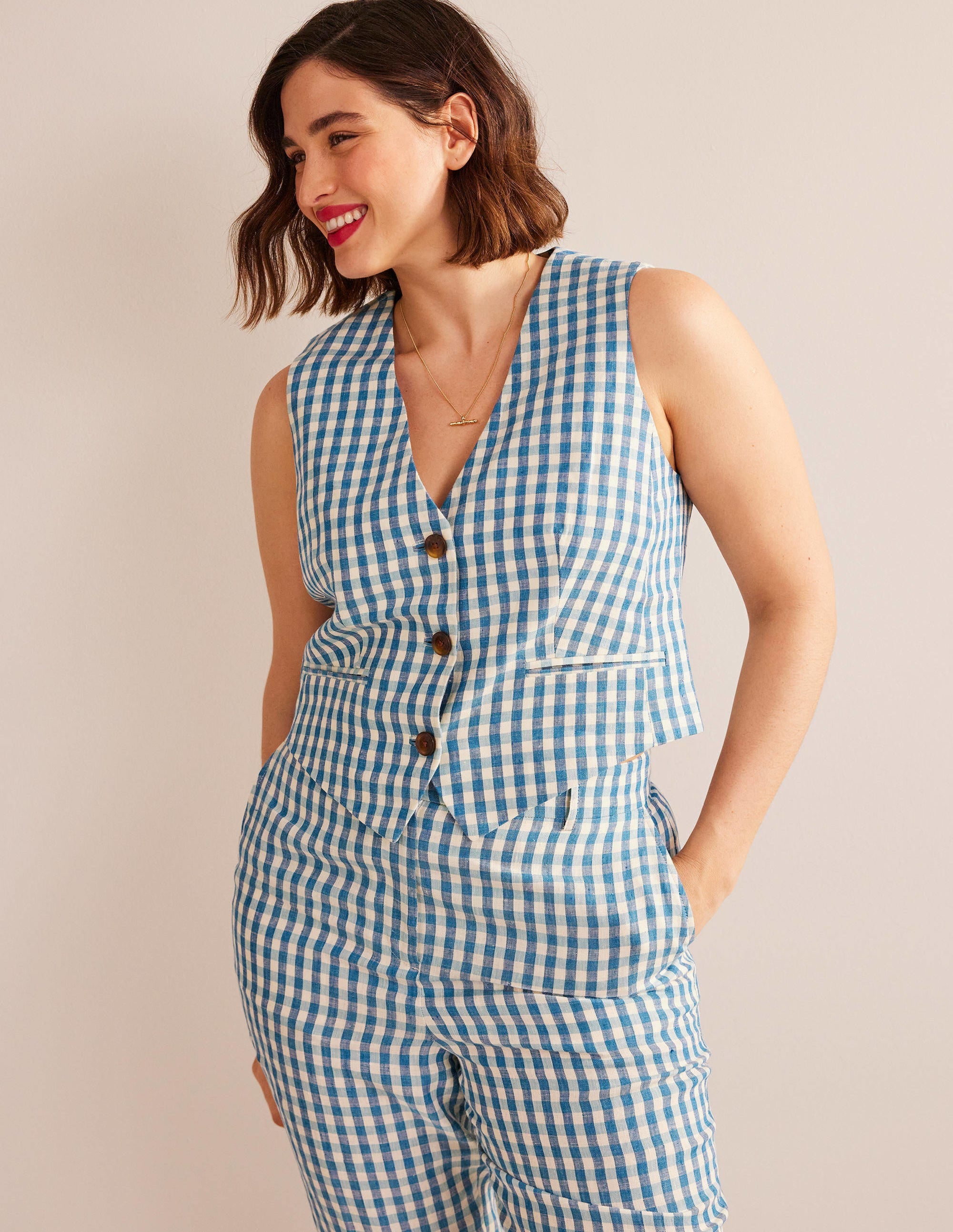 Linen V-Neck Waistcoat-Blue and White Gingham - Image 5