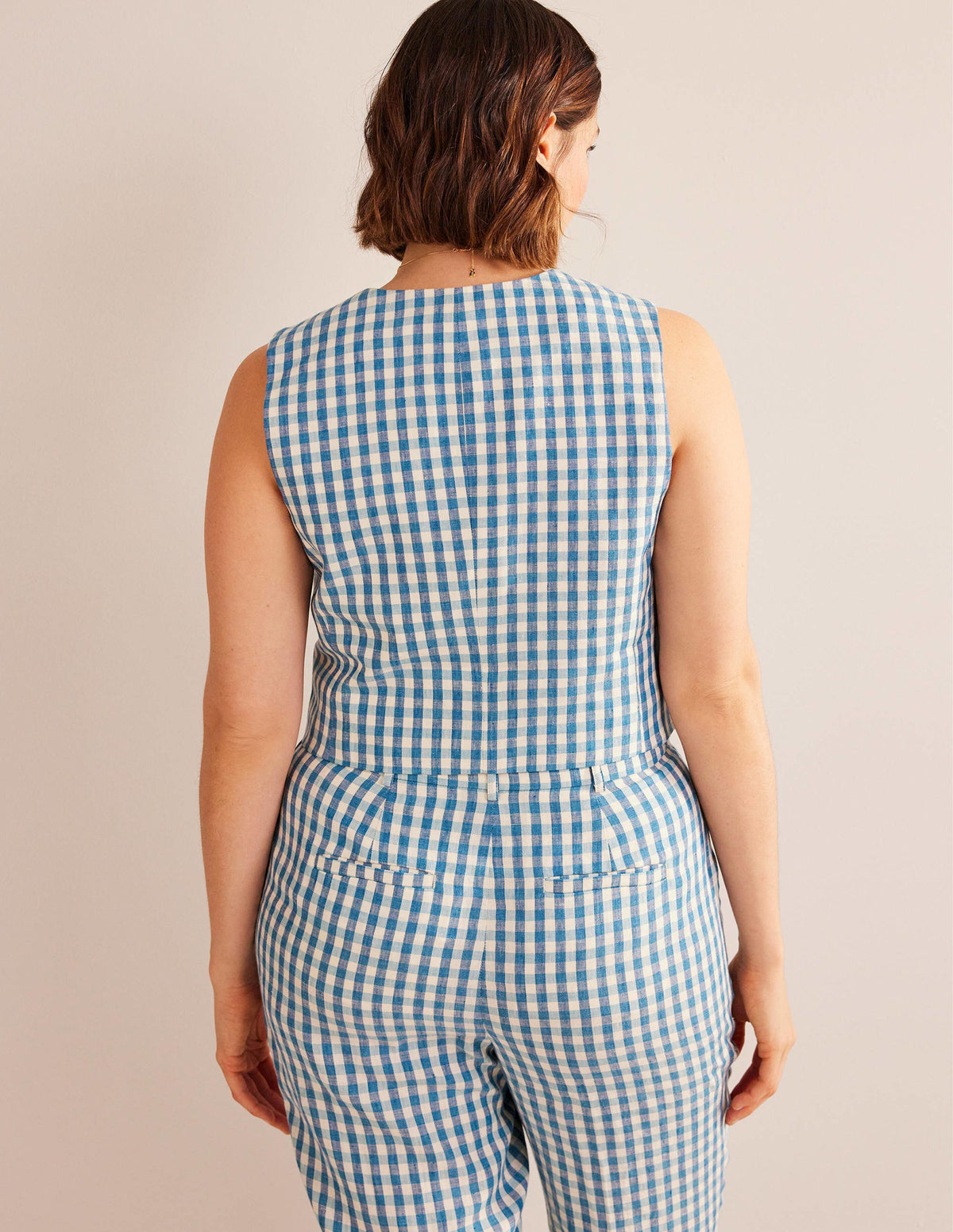 Linen V-Neck Waistcoat-Blue and White Gingham - Image 6