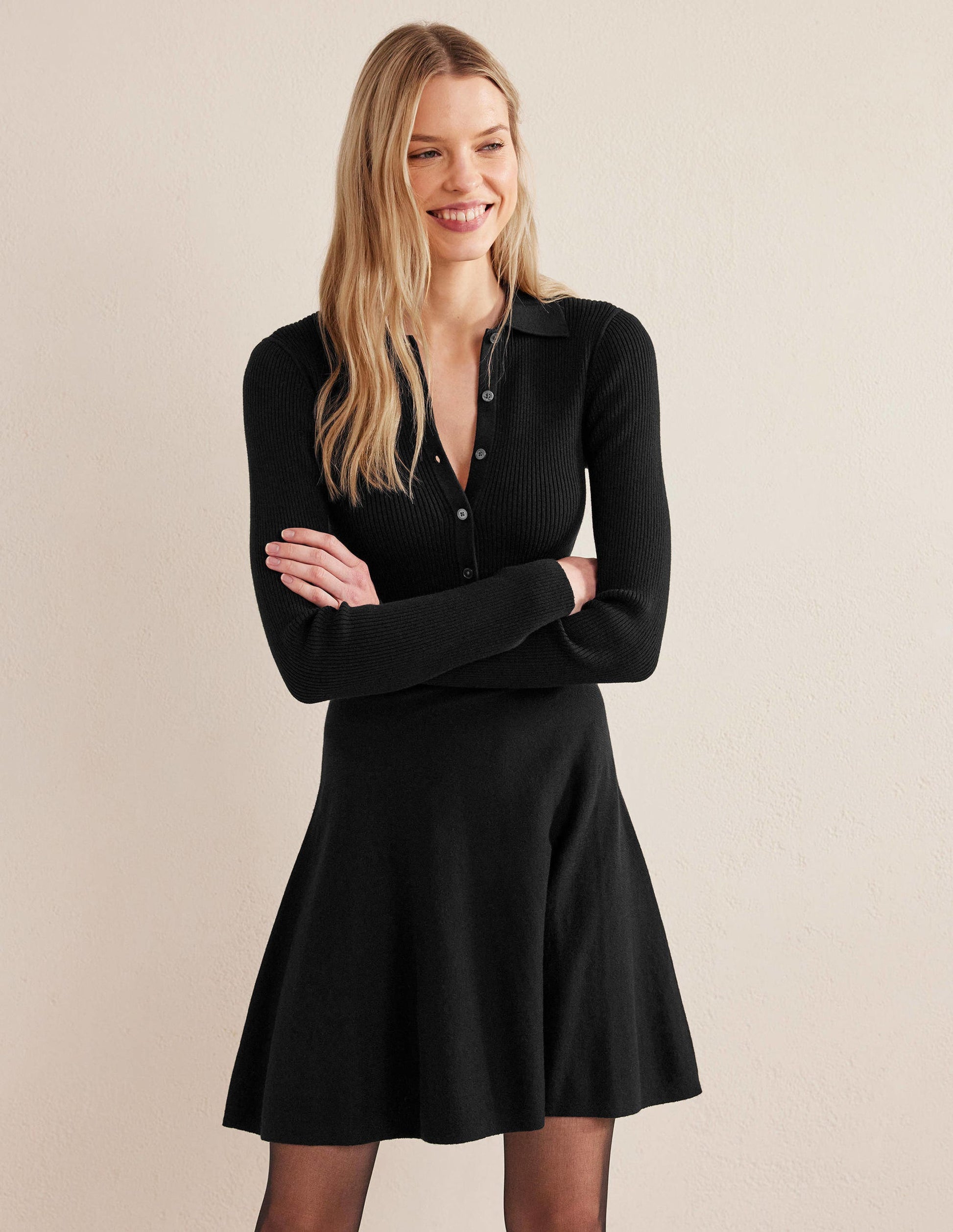 Rib Detail Knitted Mini Dress-Black-1