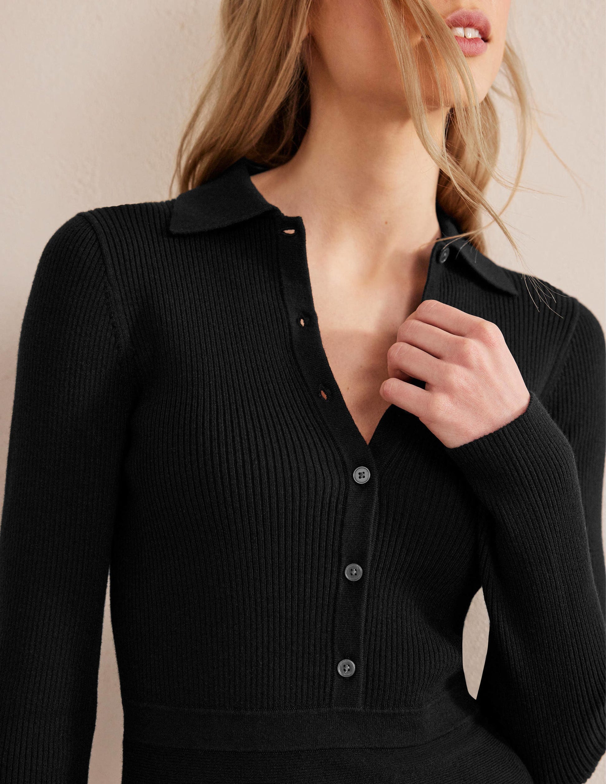 Rib Detail Knitted Mini Dress-Black-2