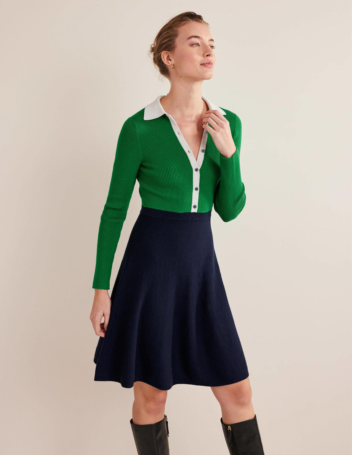 Rib Detail Knitted Mini Dress-Green, Navy Colourblock-1