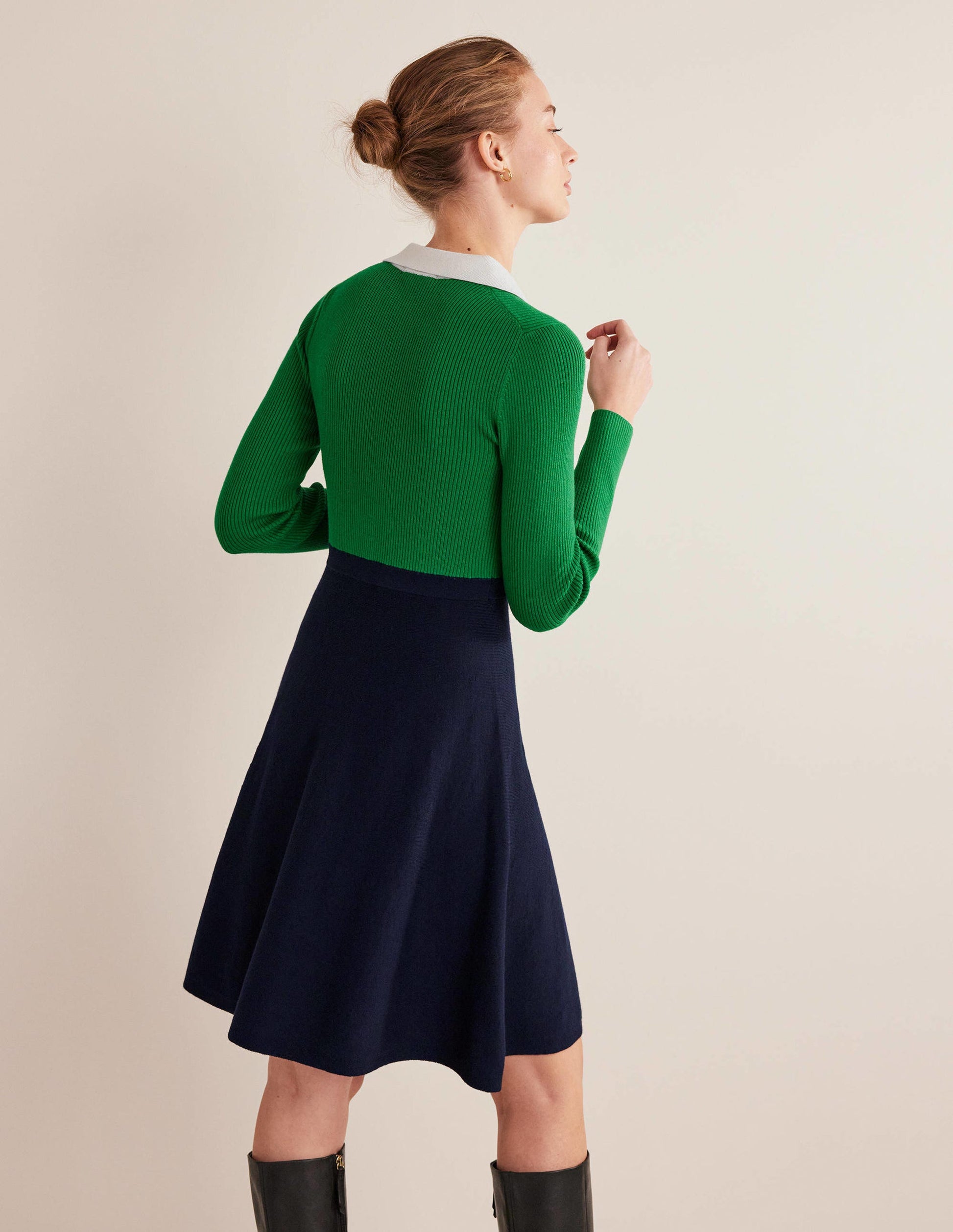 Rib Detail Knitted Mini Dress-Green, Navy Colourblock-3