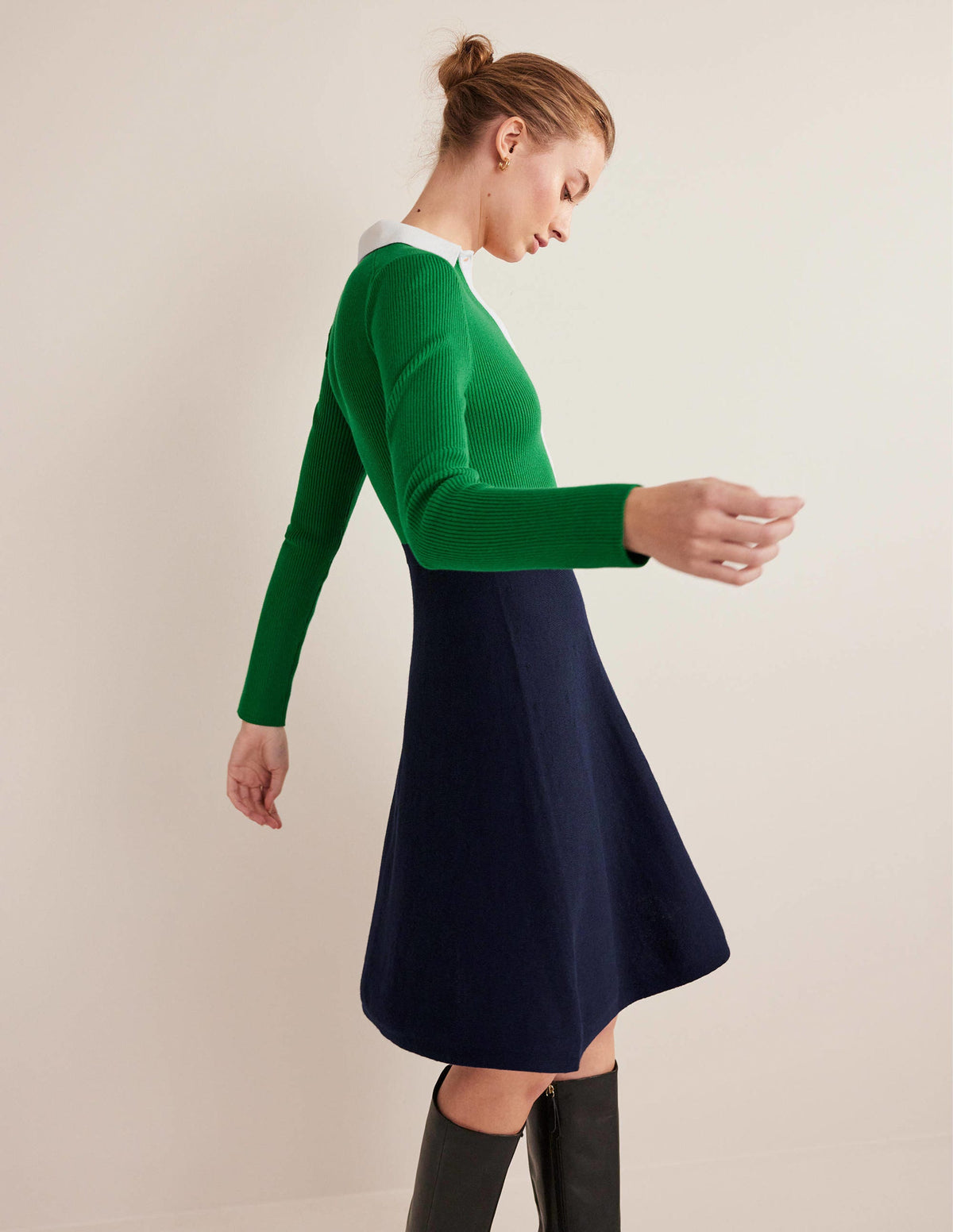 Rib Detail Knitted Mini Dress-Green, Navy Colourblock - Image 4