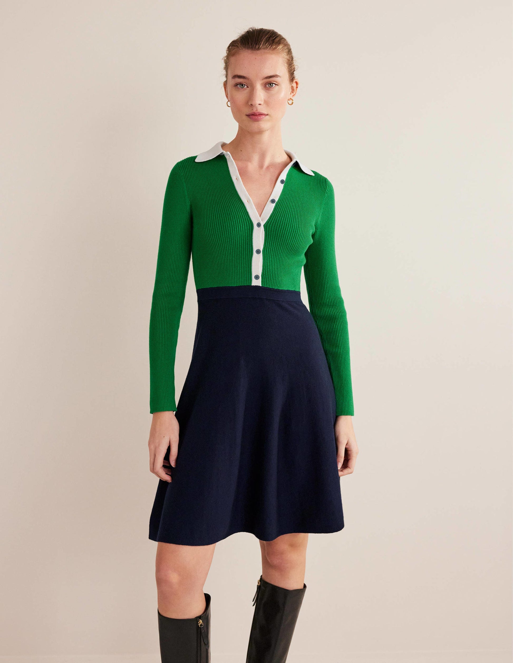 Rib Detail Knitted Mini Dress-Green, Navy Colourblock-5