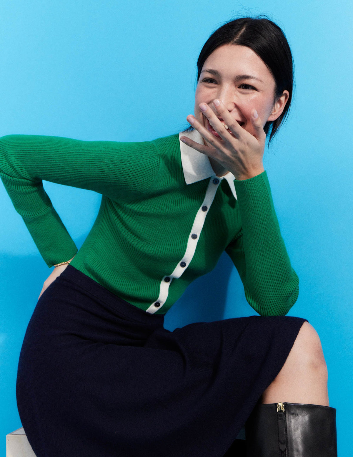 Rib Detail Knitted Mini Dress-Green, Navy Colourblock-6