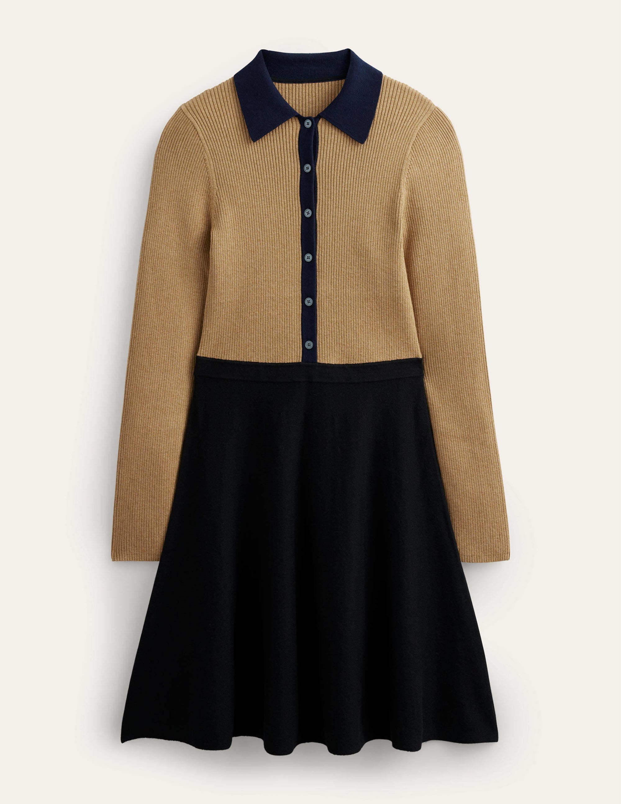 Rib Detail Knitted Mini Dress-Black, Camel Colourblock - Image 7