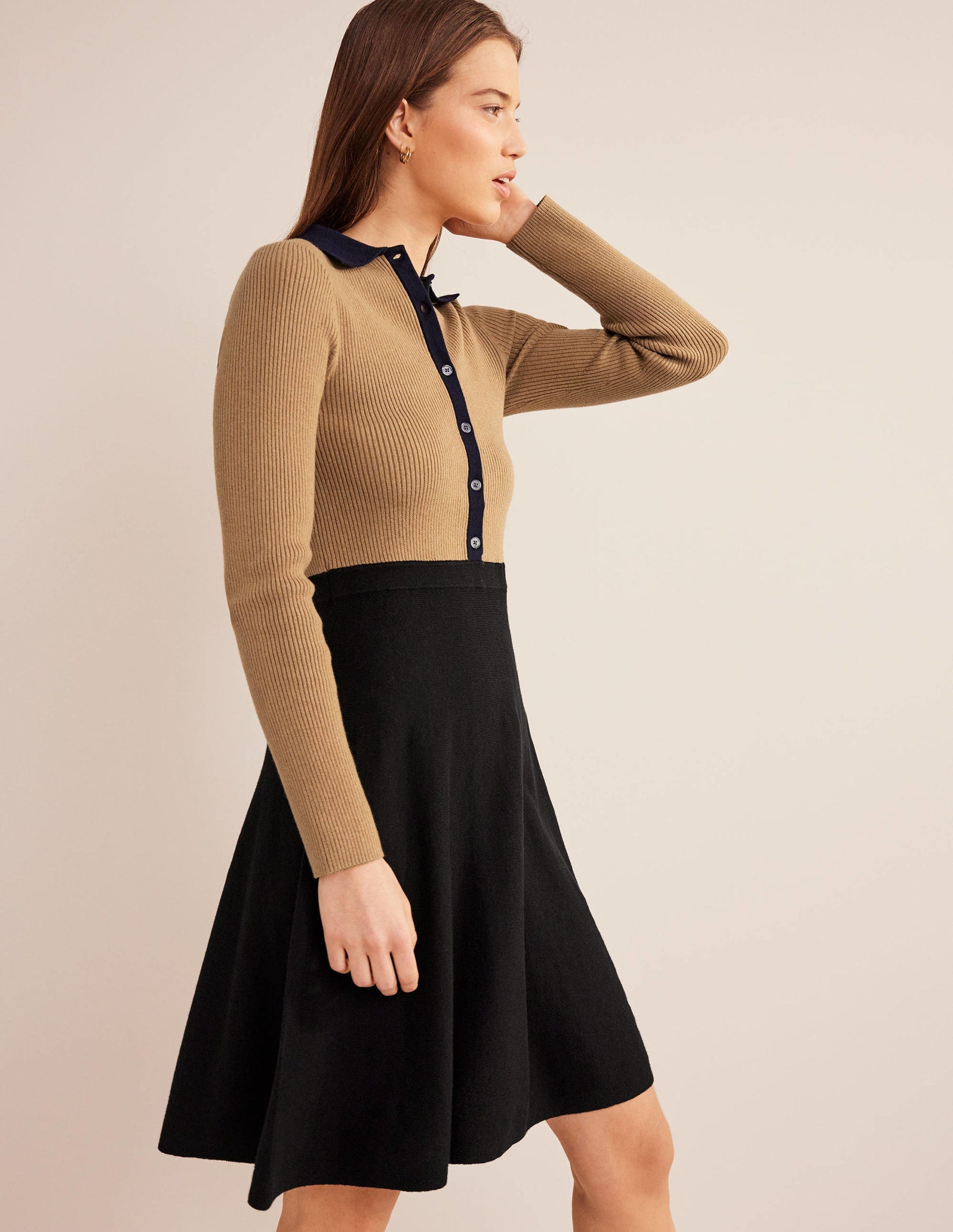 Rib Detail Knitted Mini Dress-Black, Camel Colourblock-1