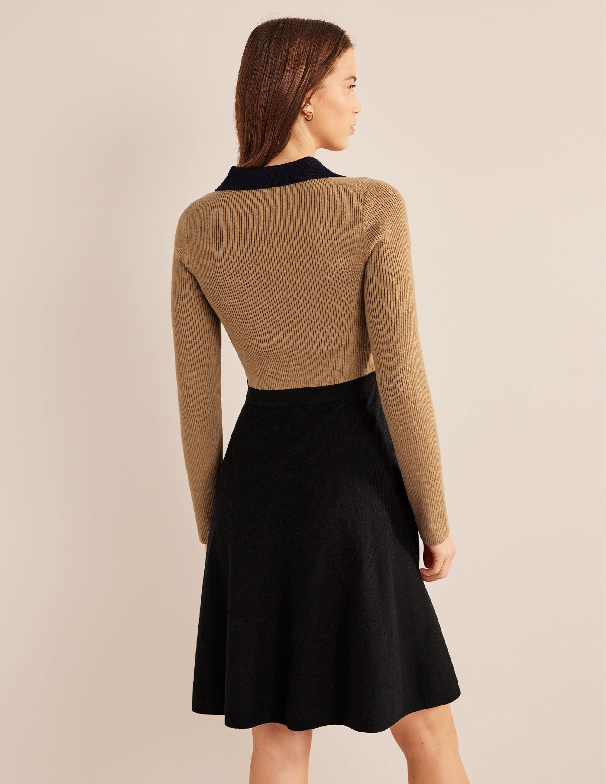 Rib Detail Knitted Mini Dress-Black, Camel Colourblock - Image 3