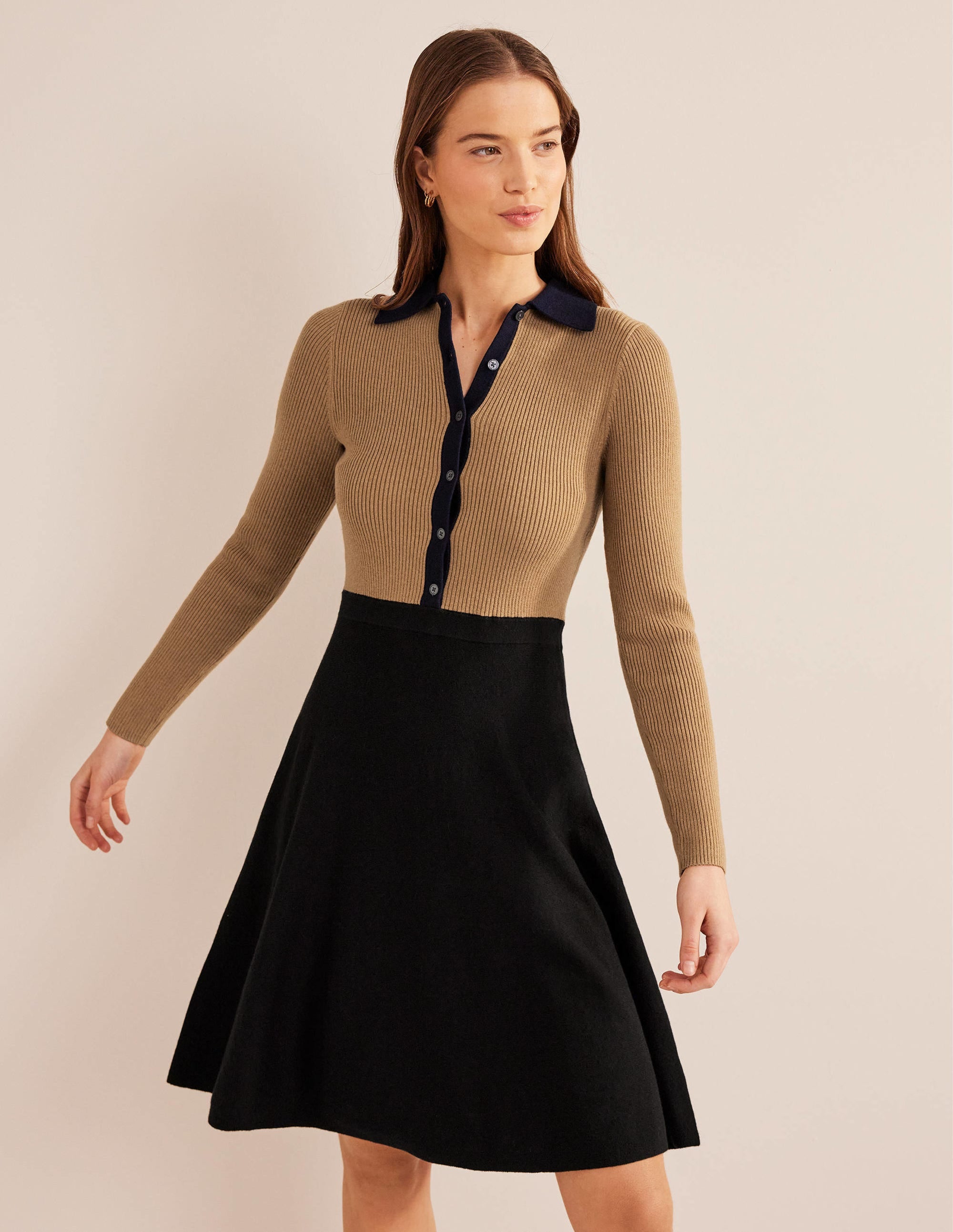 Rib Detail Knitted Mini Dress-Black, Camel Colourblock - Image 4