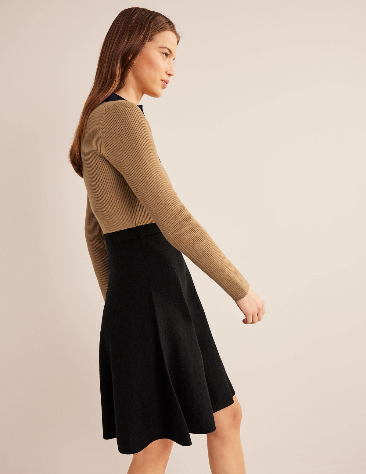 Rib Detail Knitted Mini Dress-Black, Camel Colourblock-5