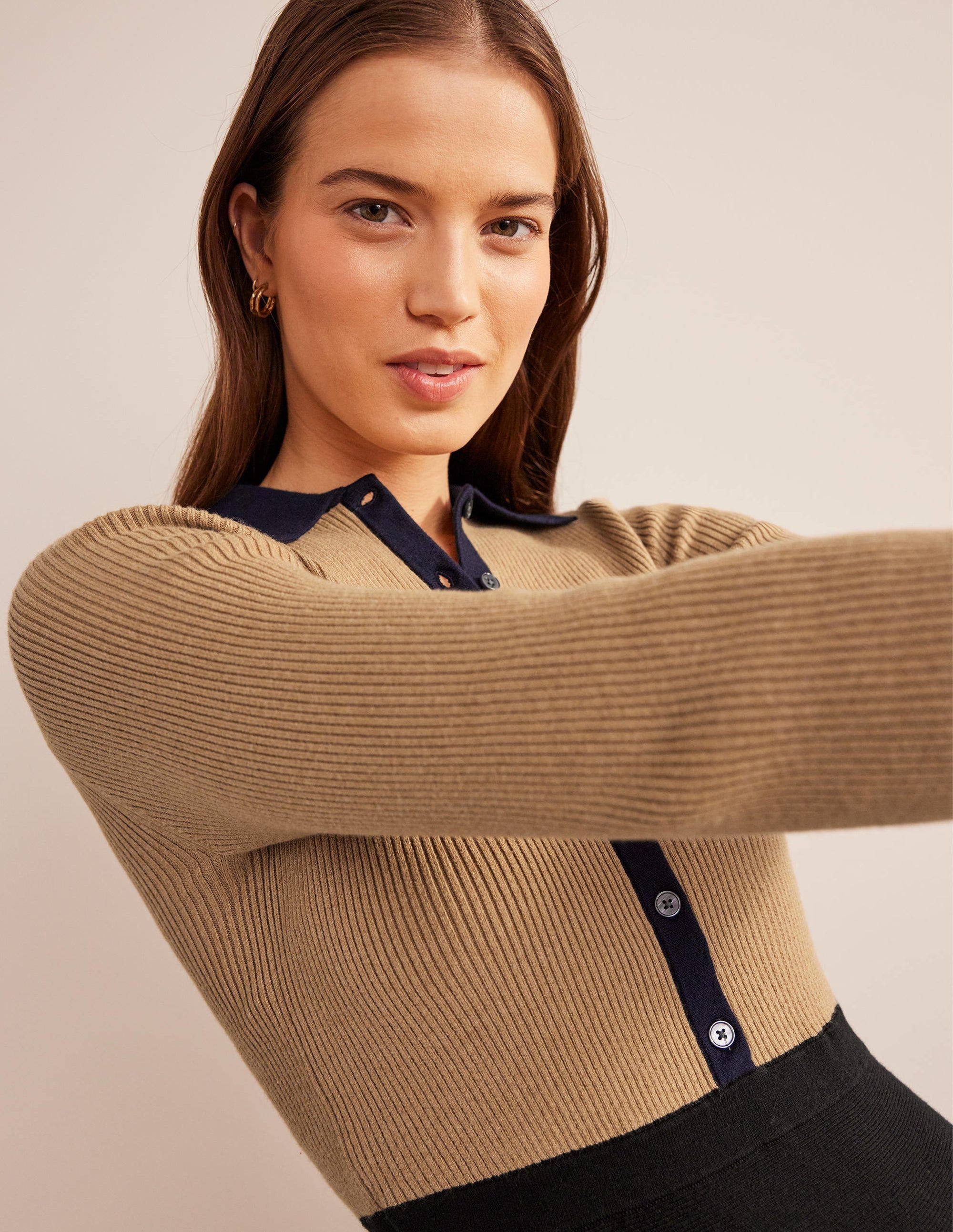 Rib Detail Knitted Mini Dress-Black, Camel Colourblock - Image 6