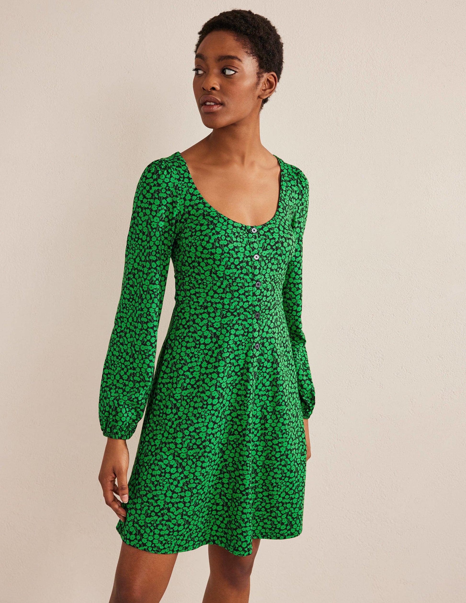 Button Front Jersey Mini Dress-Green Bee, Tulip Sprig-1