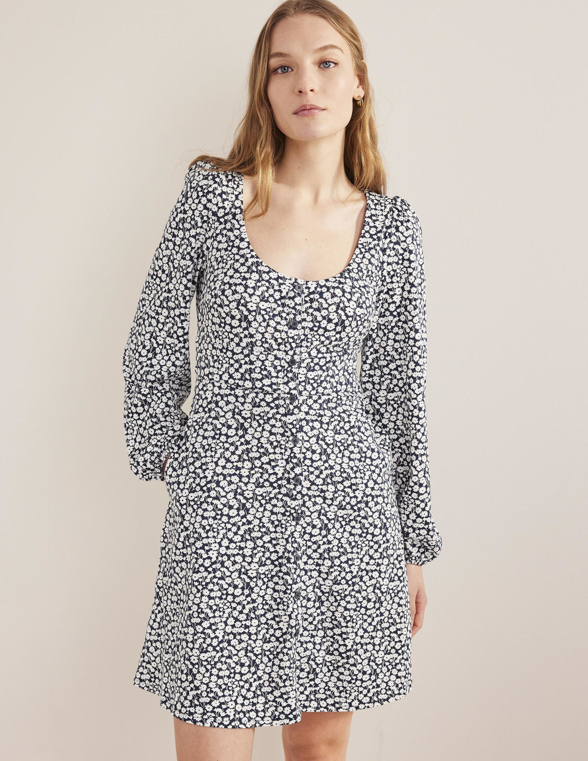 Button Front Jersey Mini Dress-French Navy, Tulip Sprig - Image 4