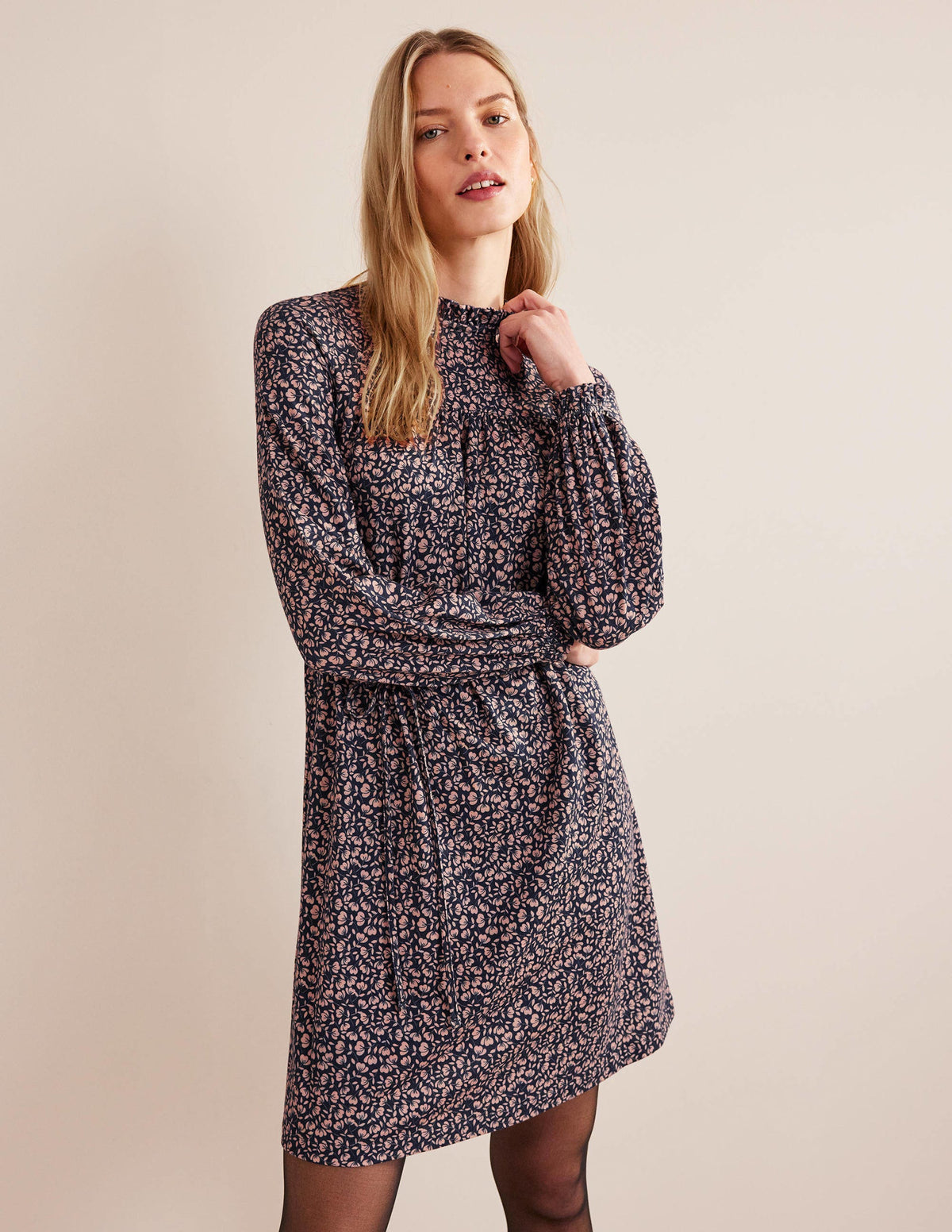 Easy Yoke Mini Jersey Dress-French Navy, Poppy Petal - Image 1