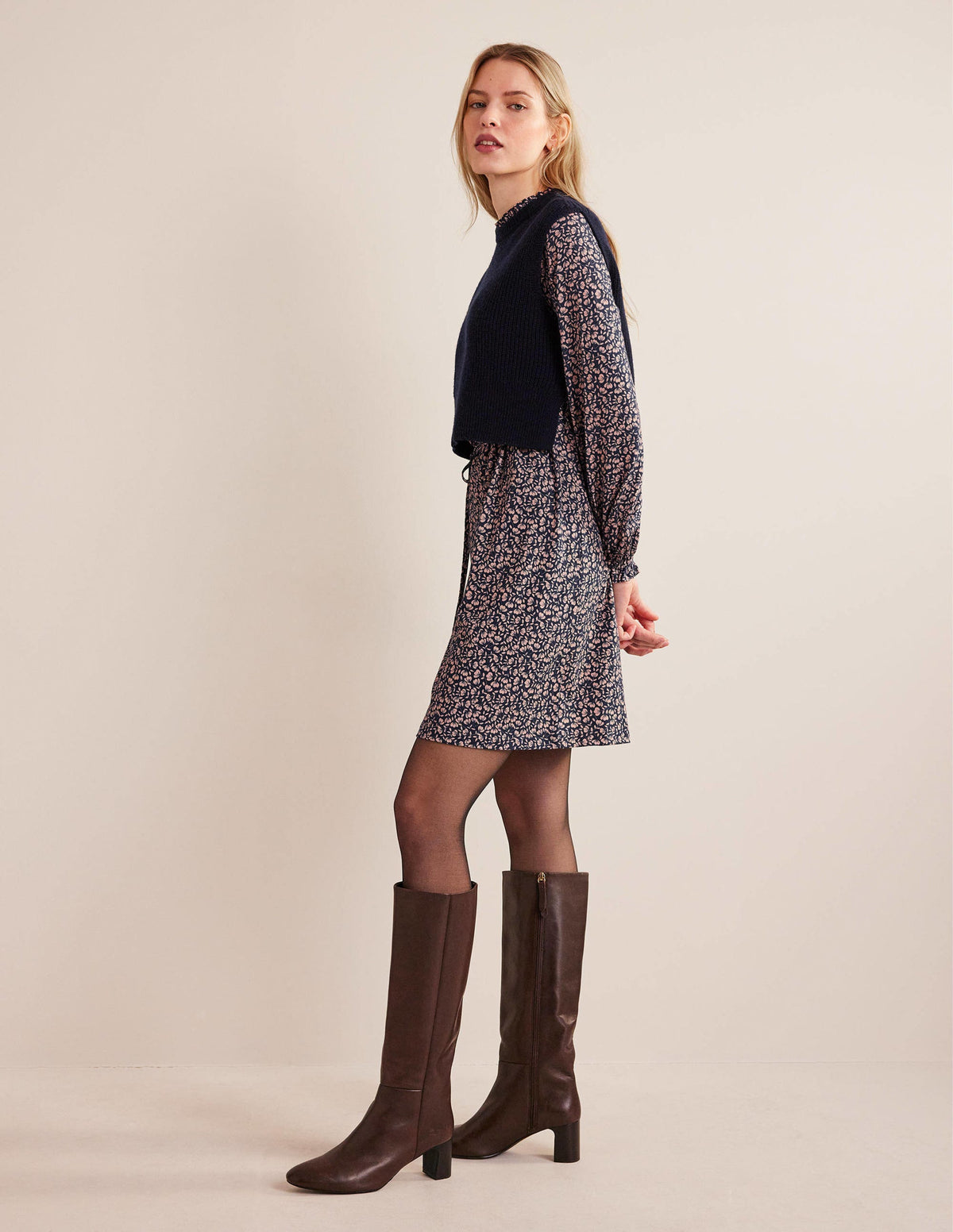 Easy Yoke Mini Jersey Dress-French Navy, Poppy Petal-5