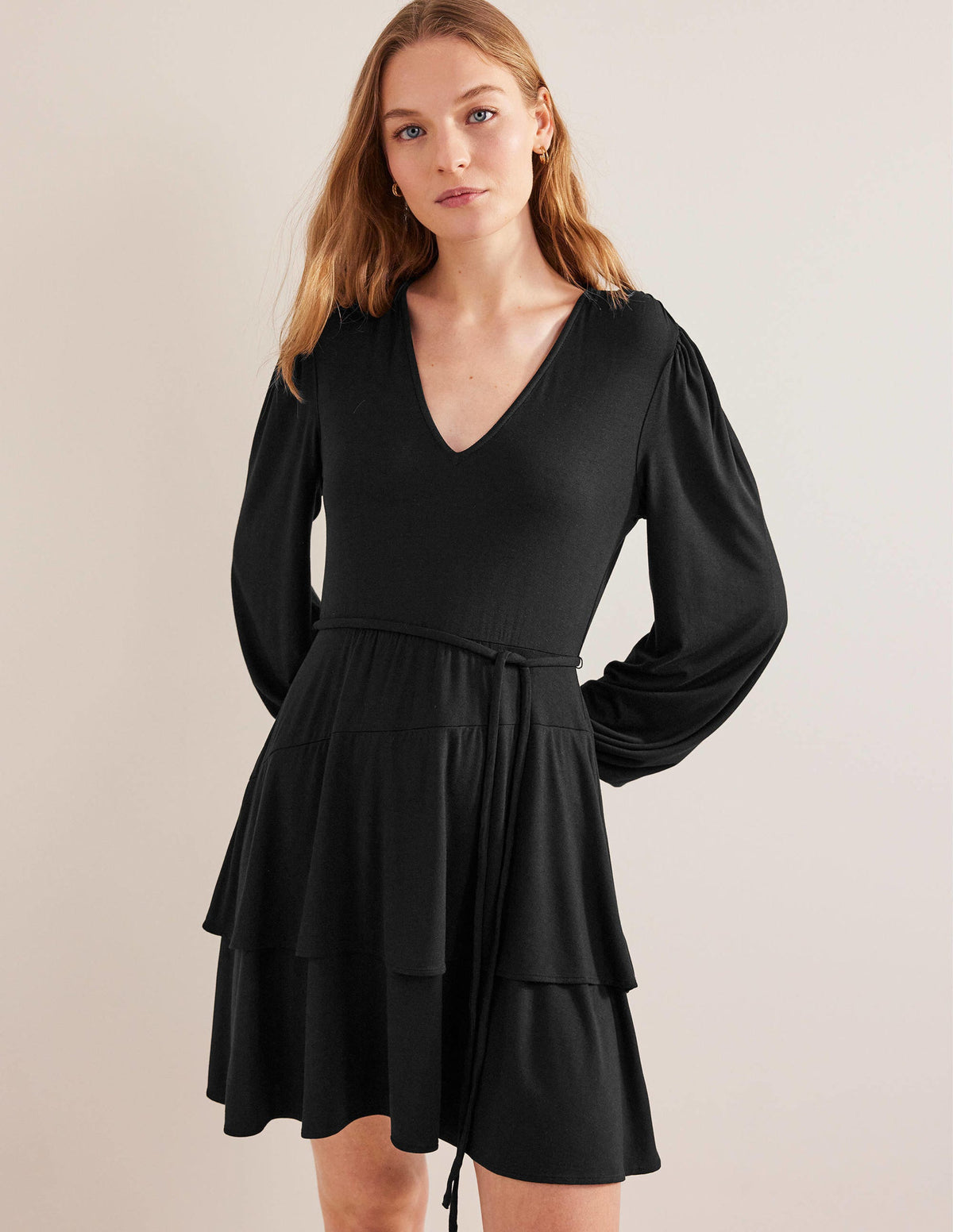 Tiered Mini Jersey Dress-Black - Image 4