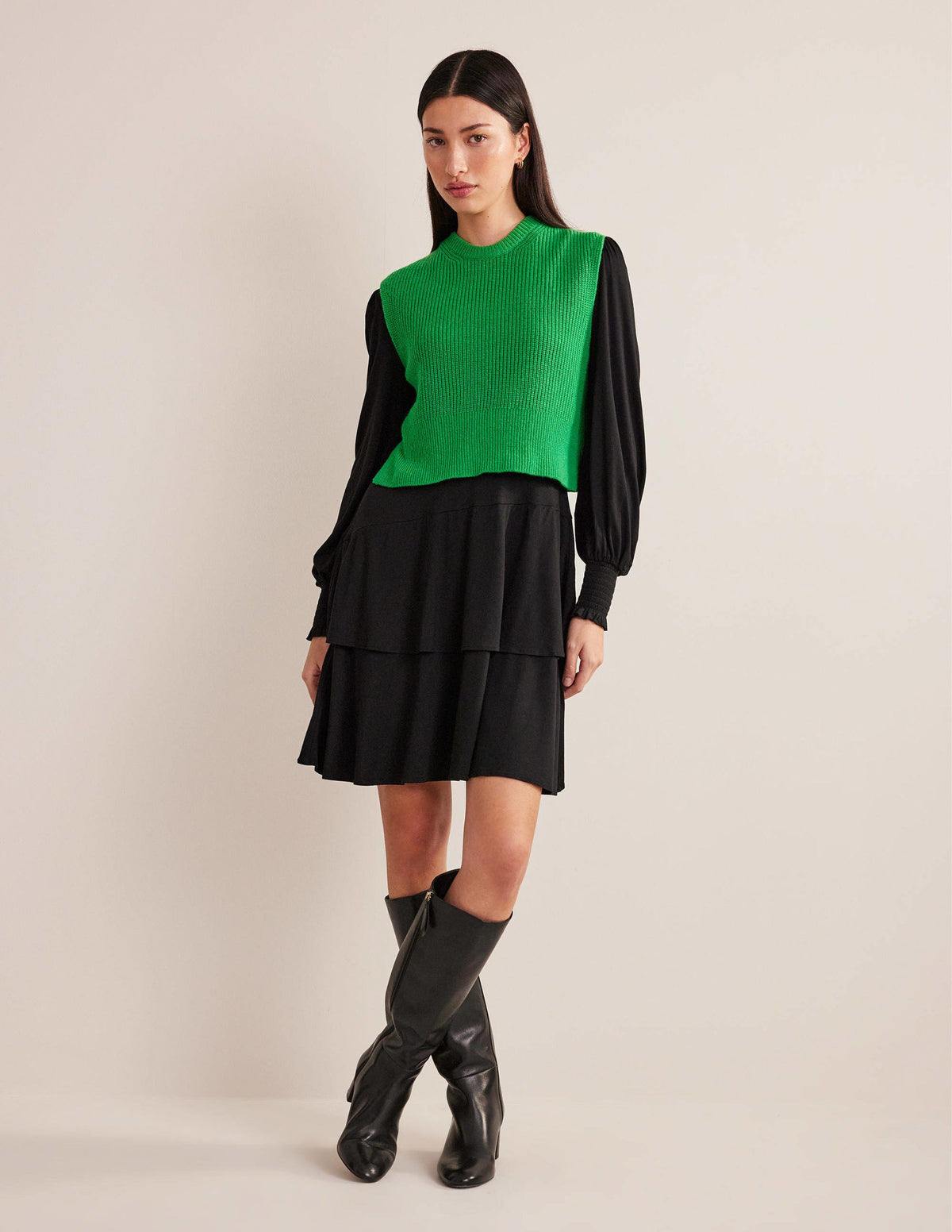 Tiered Mini Jersey Dress-Black - Image 5