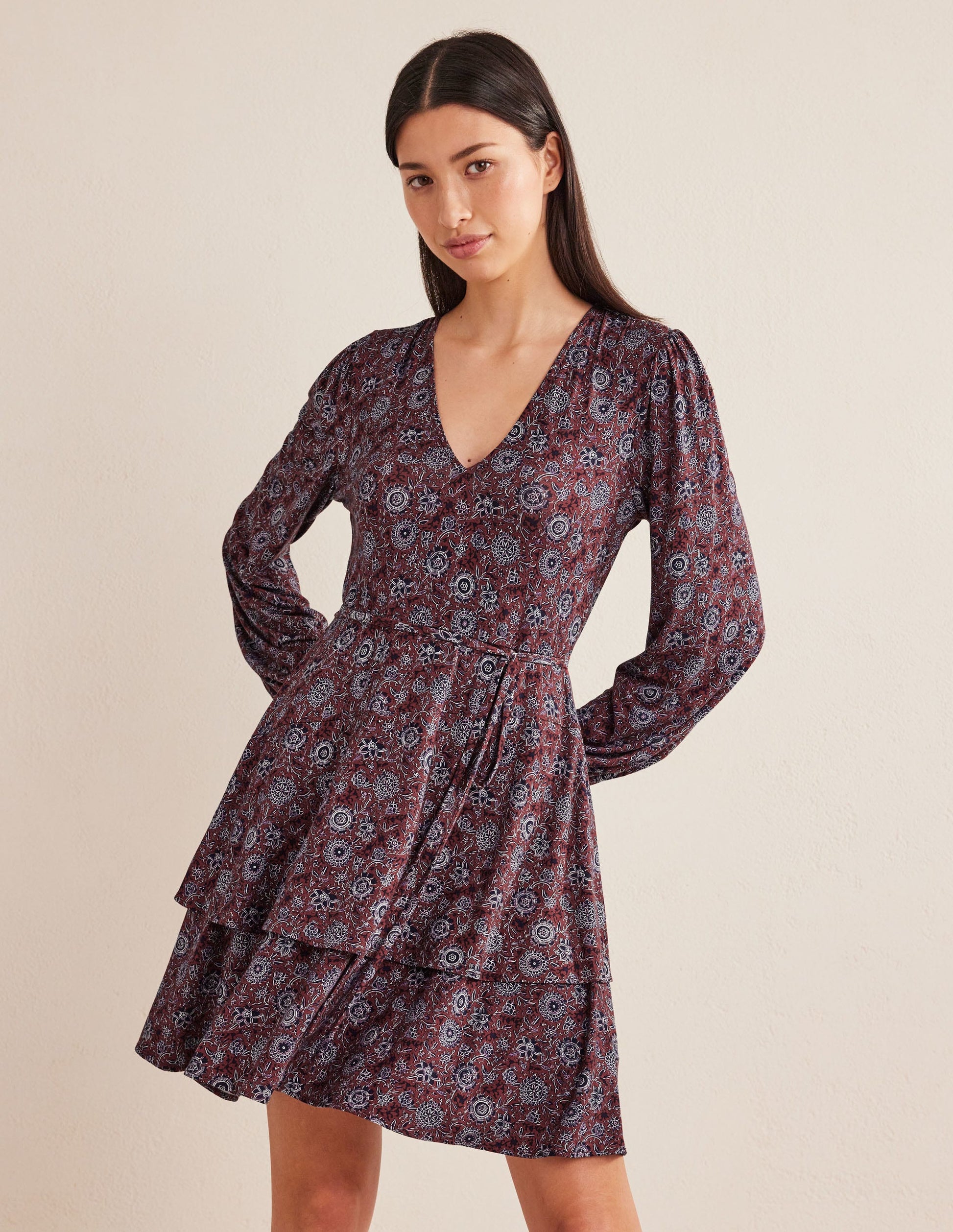 Tiered Mini Jersey Dress-Spiced Apple, Floral Tapestry-1