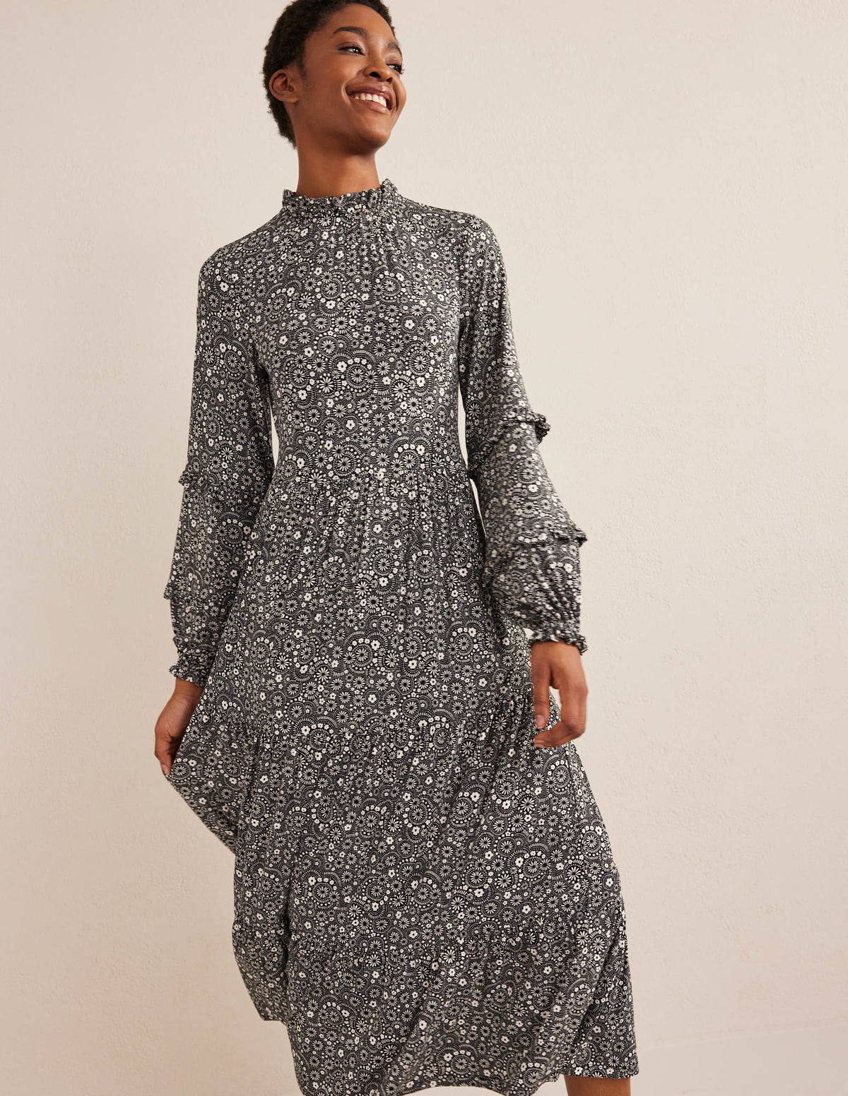 Tier Insert Midi Jersey Dress-Black, Dotty Daisy - Image 4