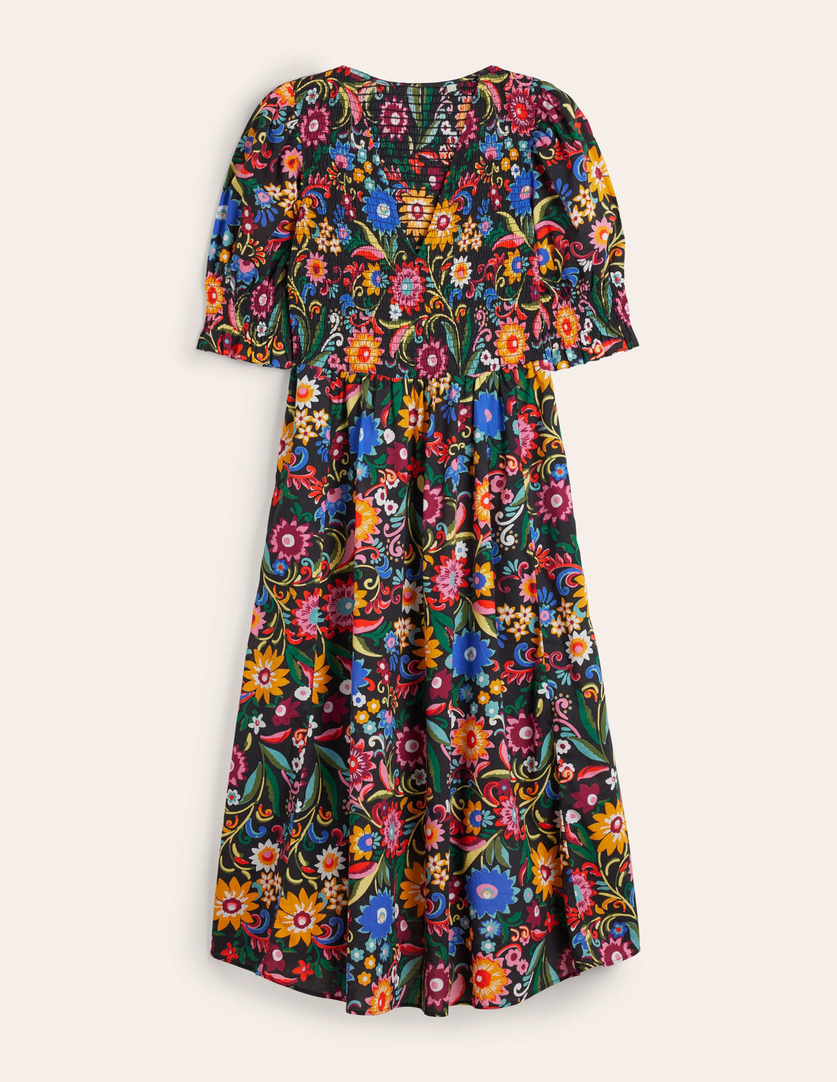 Smocked Linen Midi Dress-Black, Gardenia Pop - Image 6